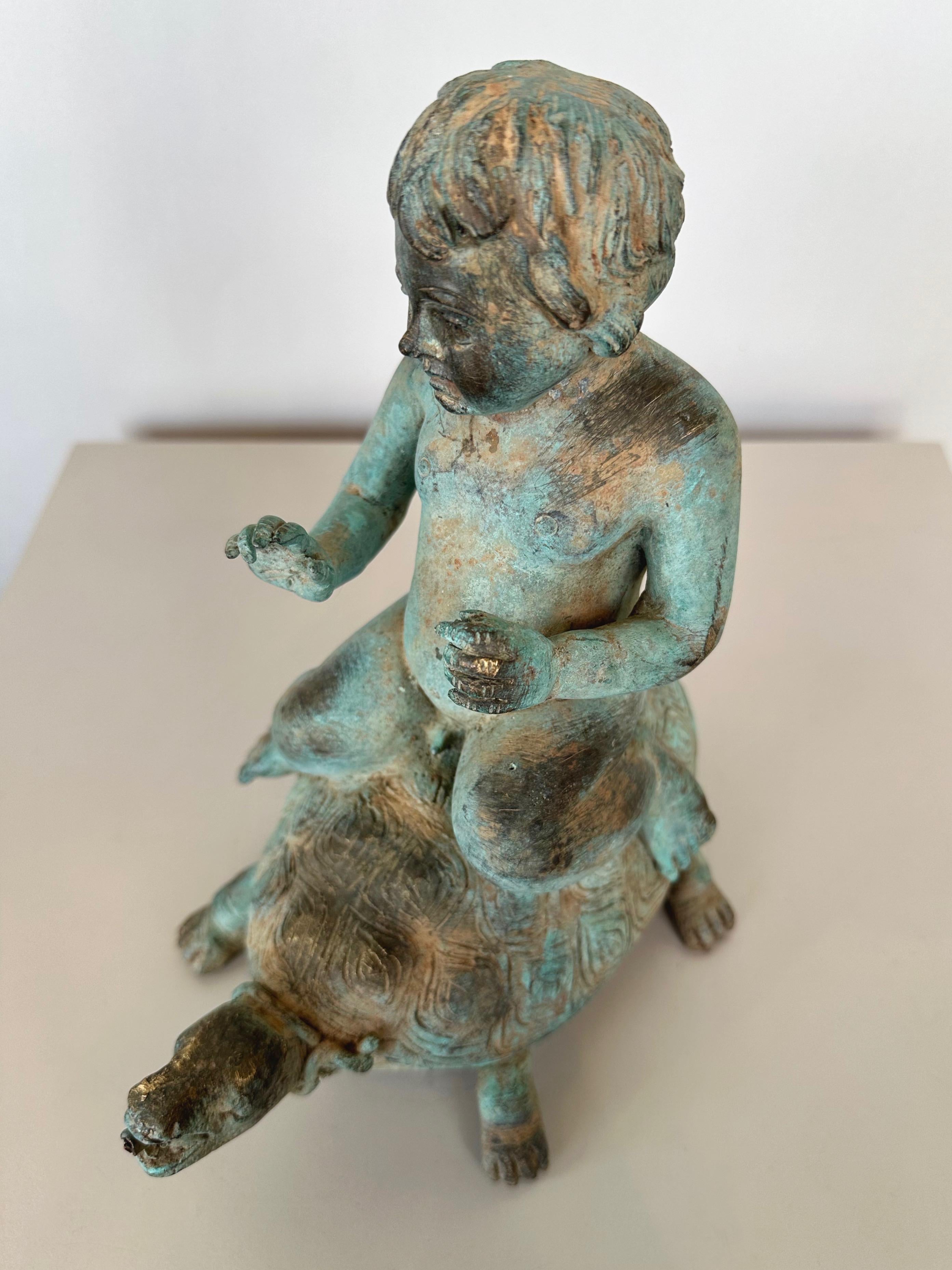 Young Boy Riding a Turtle, Patinated Bronze Fountain Head Sculpture, c. 1920 For Sale 12