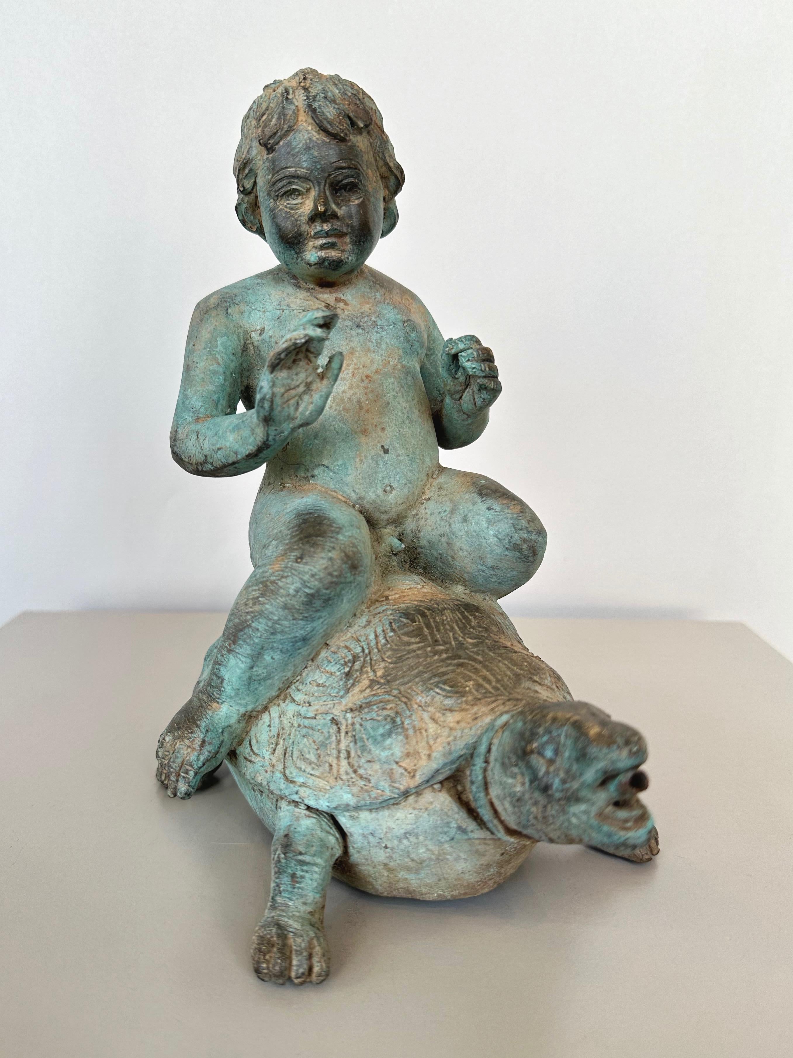Empire Revival Young Boy Riding a Turtle, Patinated Bronze Fountain Head Sculpture, c. 1920 For Sale