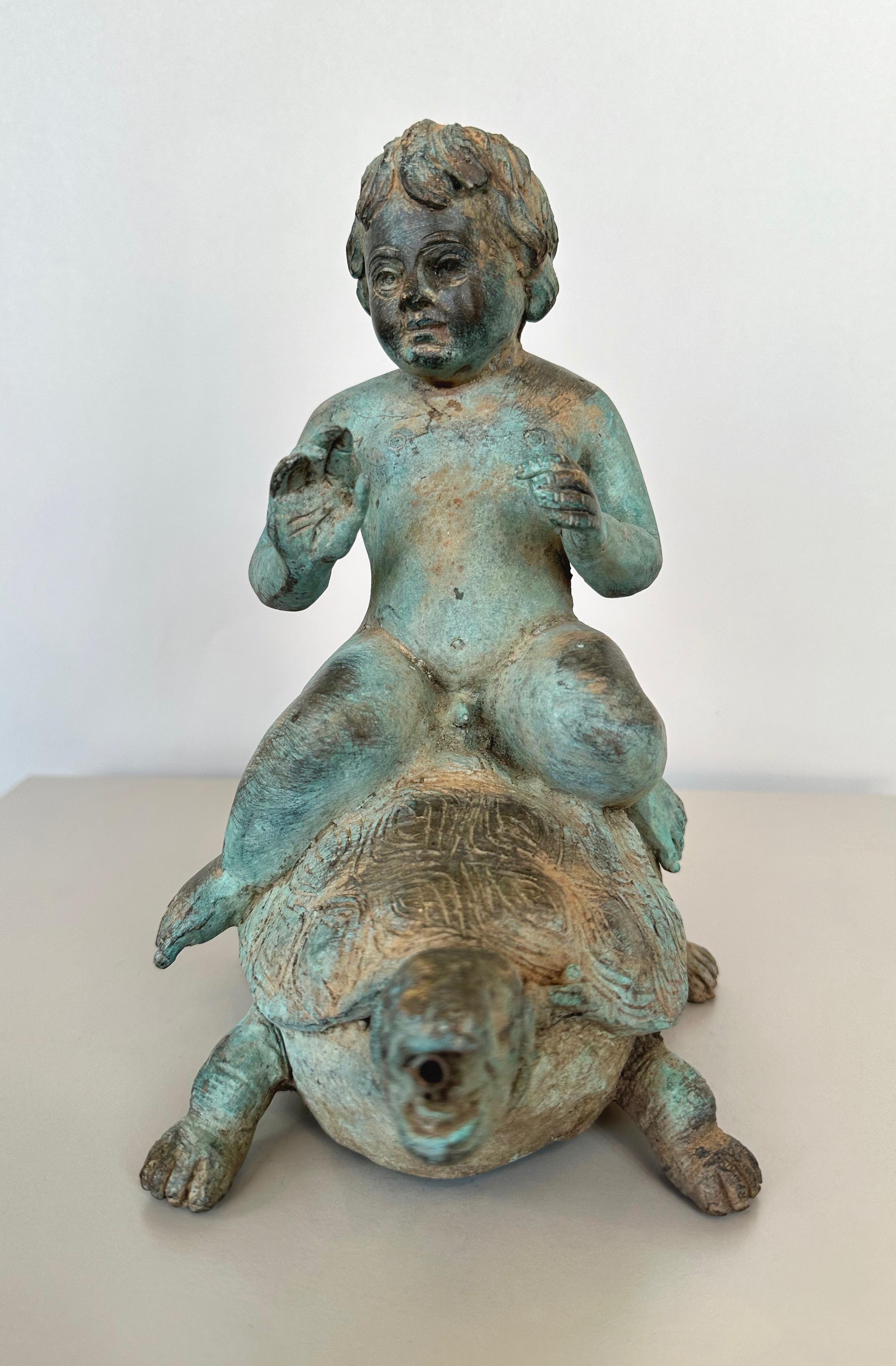 Cast Young Boy Riding a Turtle, Patinated Bronze Fountain Head Sculpture, c. 1920 For Sale