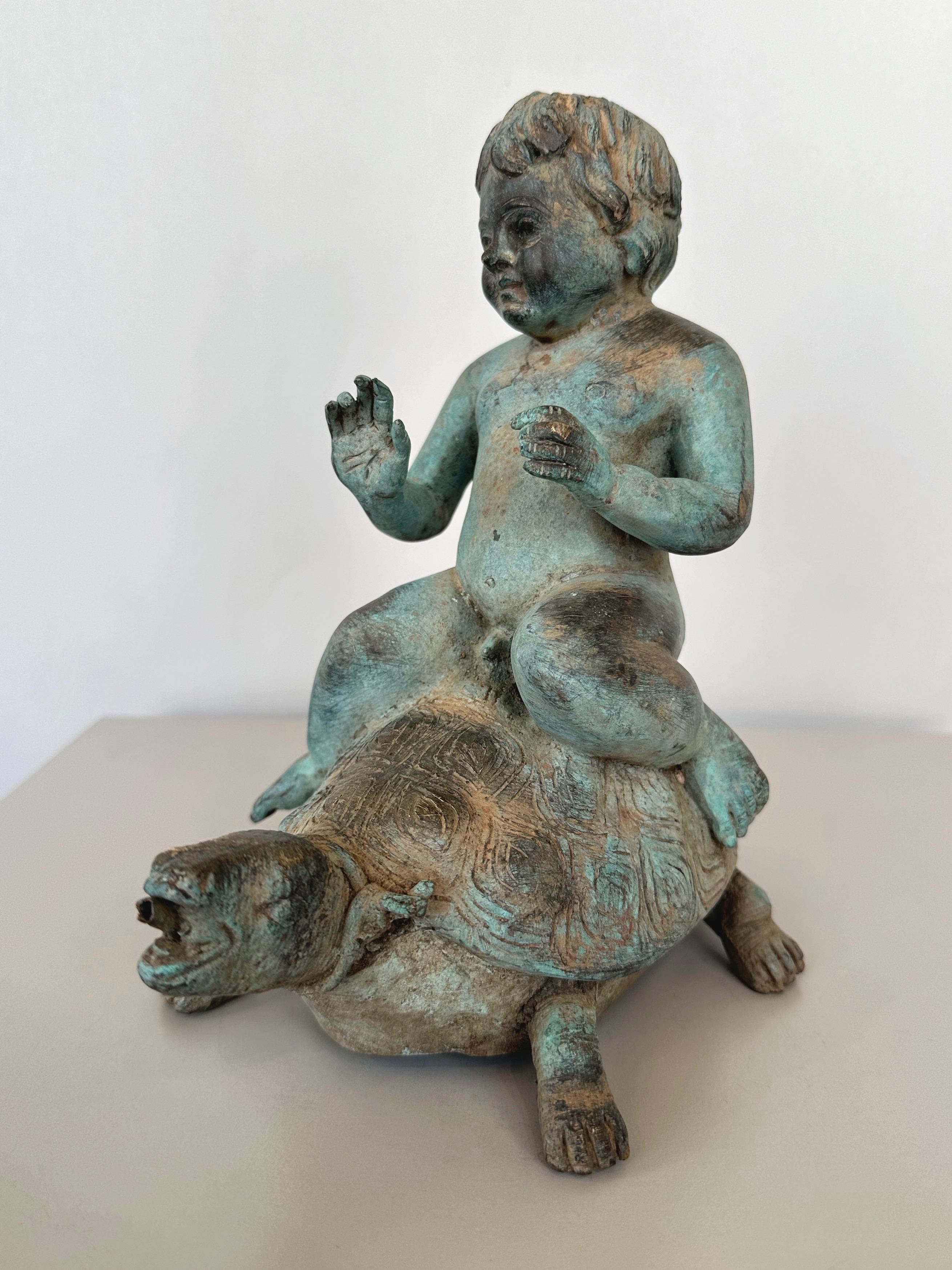 Young Boy Riding a Turtle, Patinated Bronze Fountain Head Sculpture, c. 1920 In Good Condition For Sale In San Francisco, CA