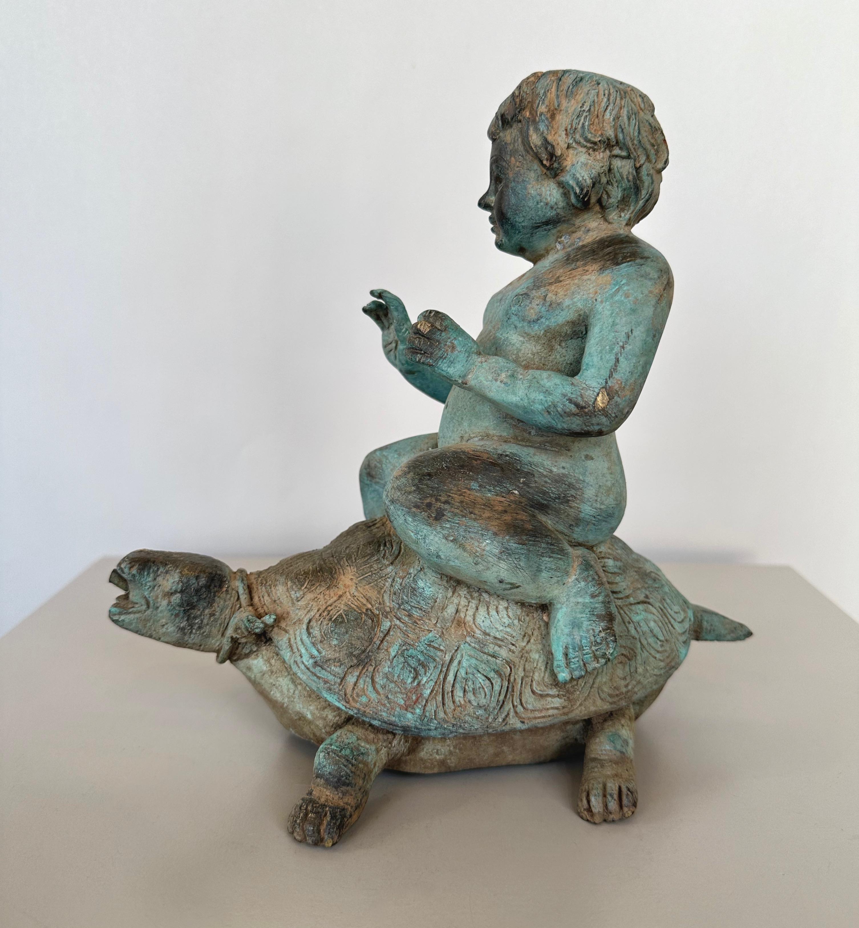 20th Century Young Boy Riding a Turtle, Patinated Bronze Fountain Head Sculpture, c. 1920 For Sale