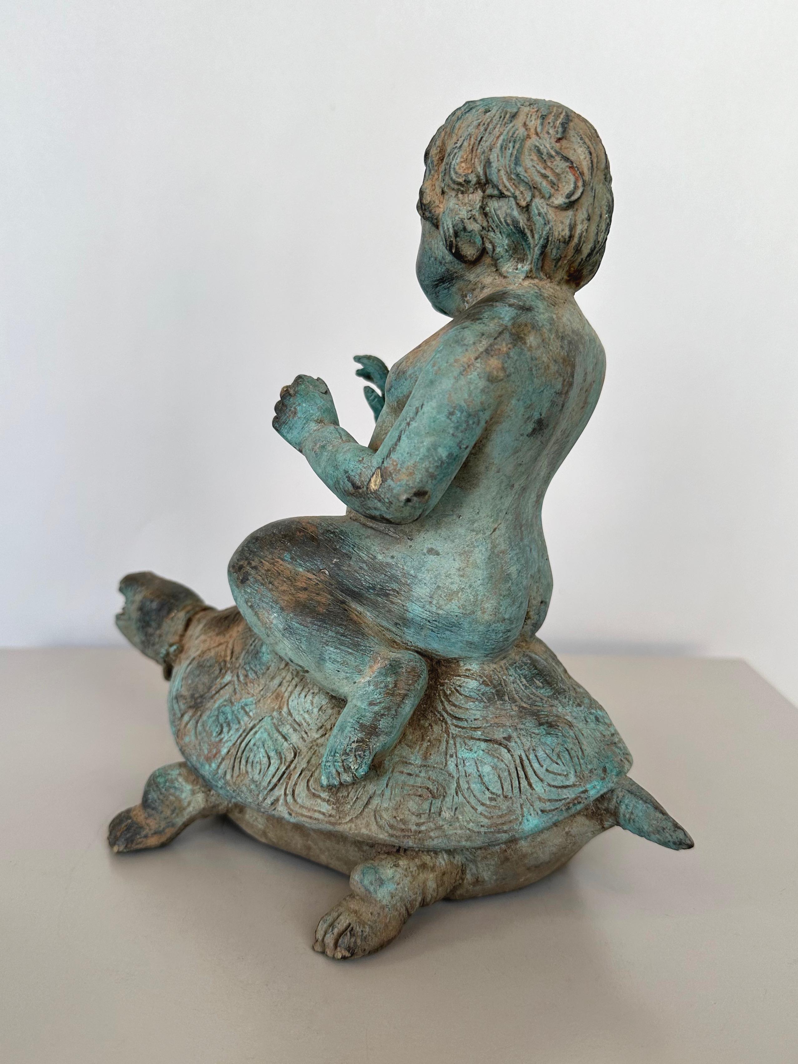 Young Boy Riding a Turtle, Patinated Bronze Fountain Head Sculpture, c. 1920 For Sale 1