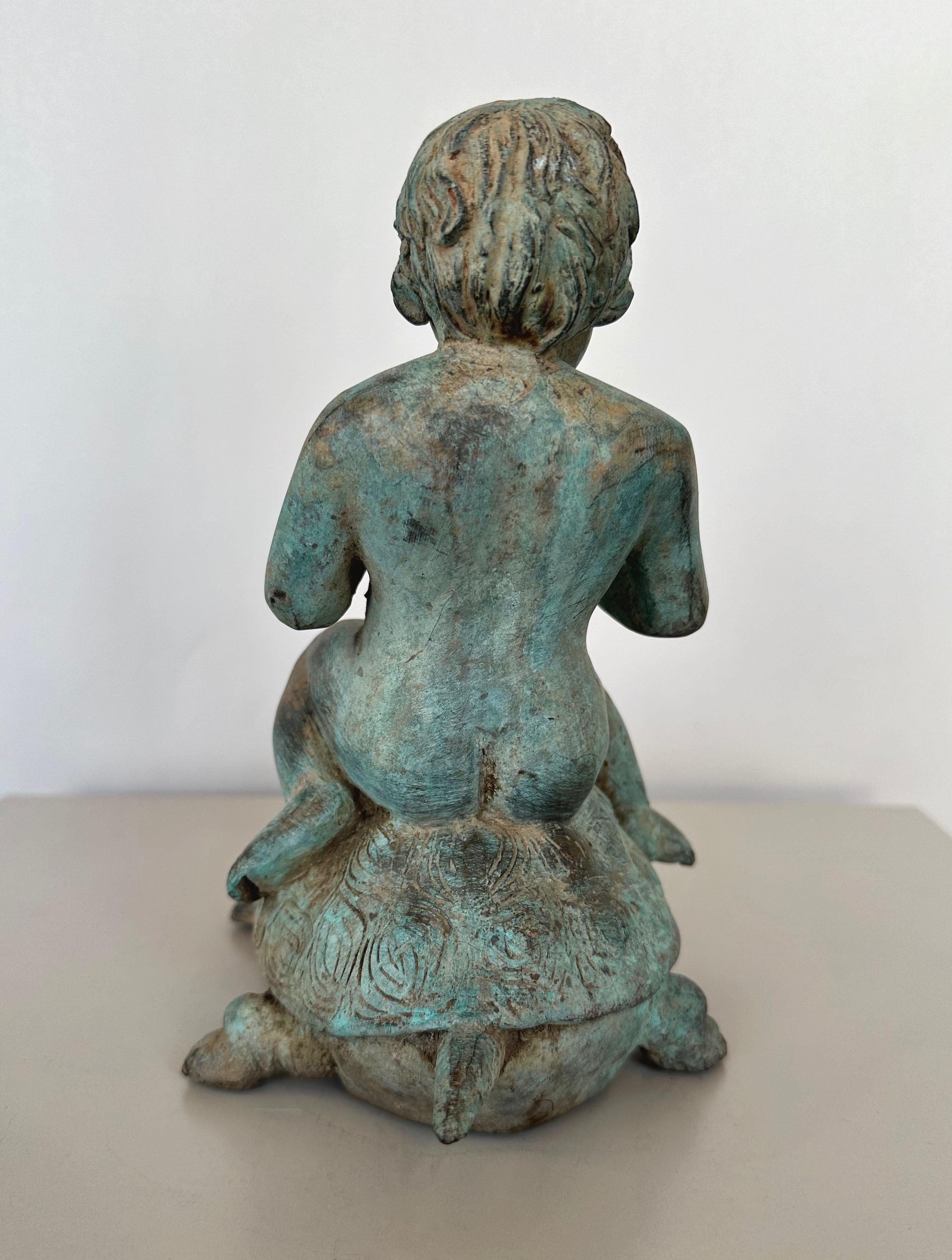 Young Boy Riding a Turtle, Patinated Bronze Fountain Head Sculpture, c. 1920 For Sale 2