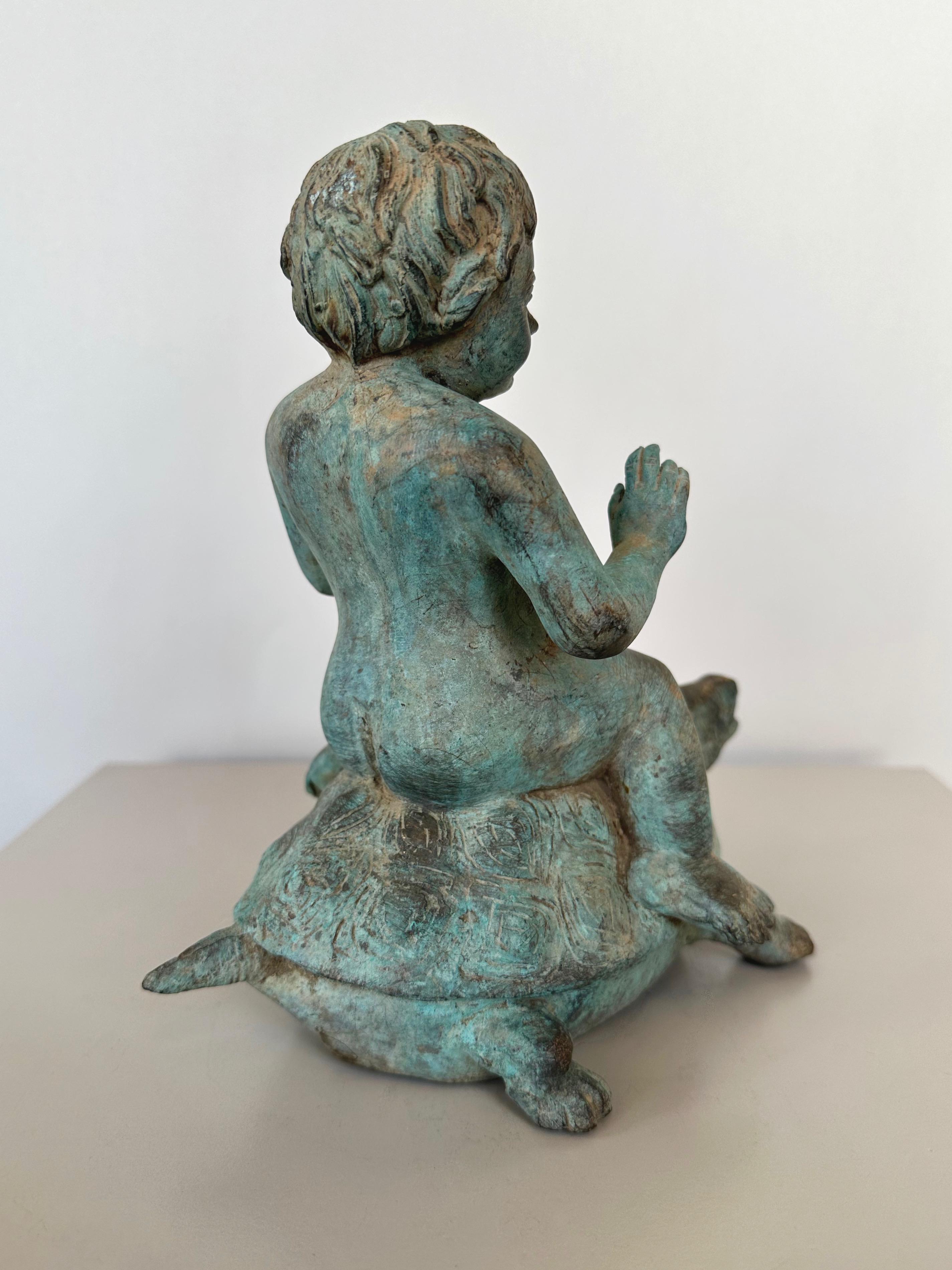 Young Boy Riding a Turtle, Patinated Bronze Fountain Head Sculpture, c. 1920 For Sale 3