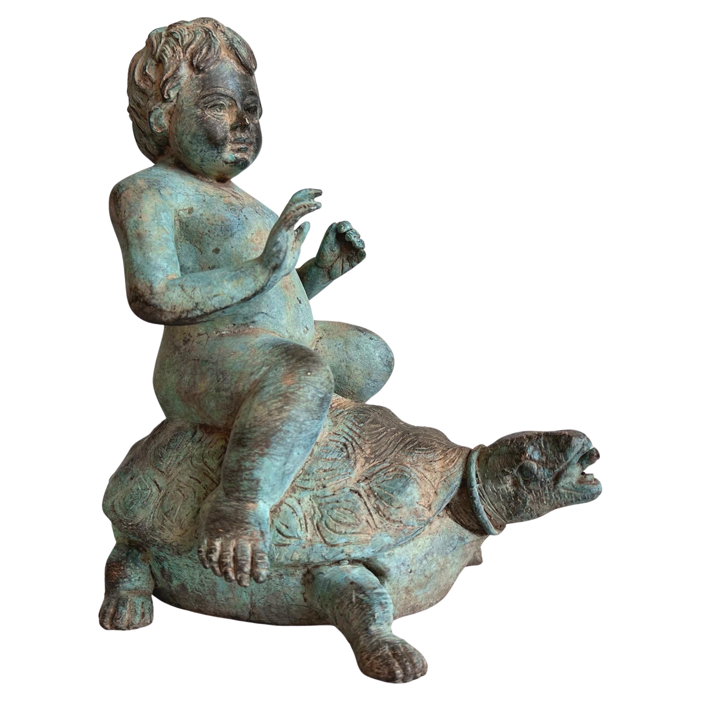 Young Boy Riding a Turtle, Patinated Bronze Fountain Head Sculpture, c. 1920