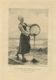 Young Breton Woman Winnowing Buckwheat by the Sea by Laguillermie, 1875