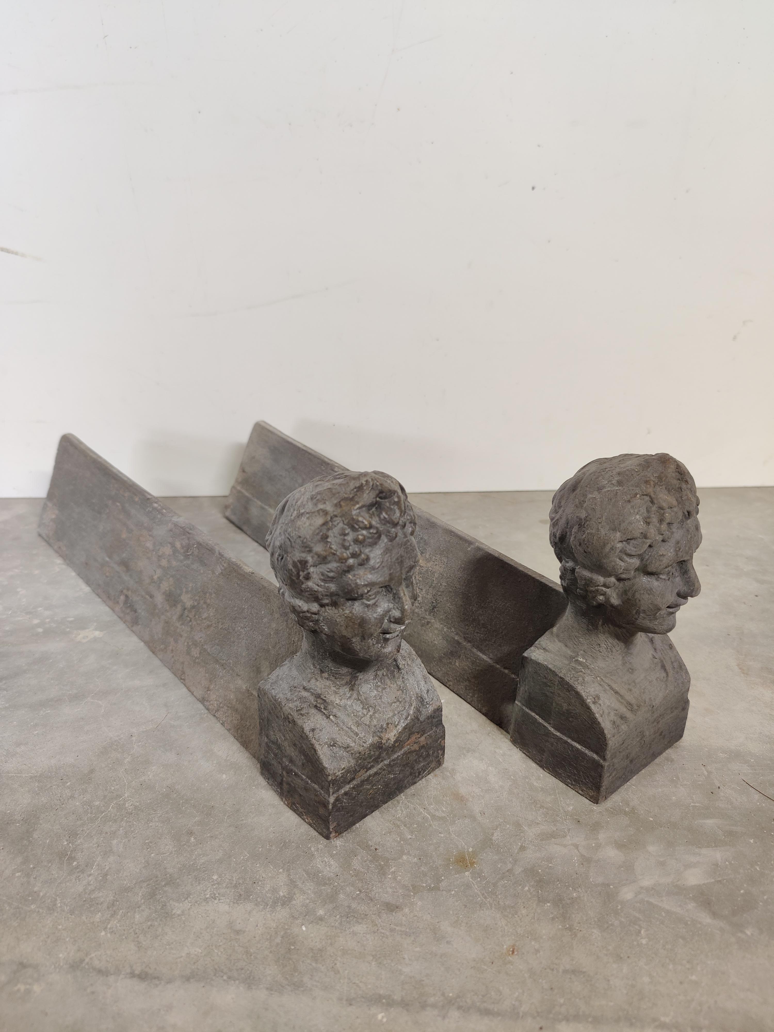 Antique French Andirons, young Caesar.

Weight: 16 lbs / 7 kg.

Upon request they can be made black / pewter.

See all our antique fireplaces and fireplace accessories at 1stdibs by pressing the ‘View All From Seller’ button.