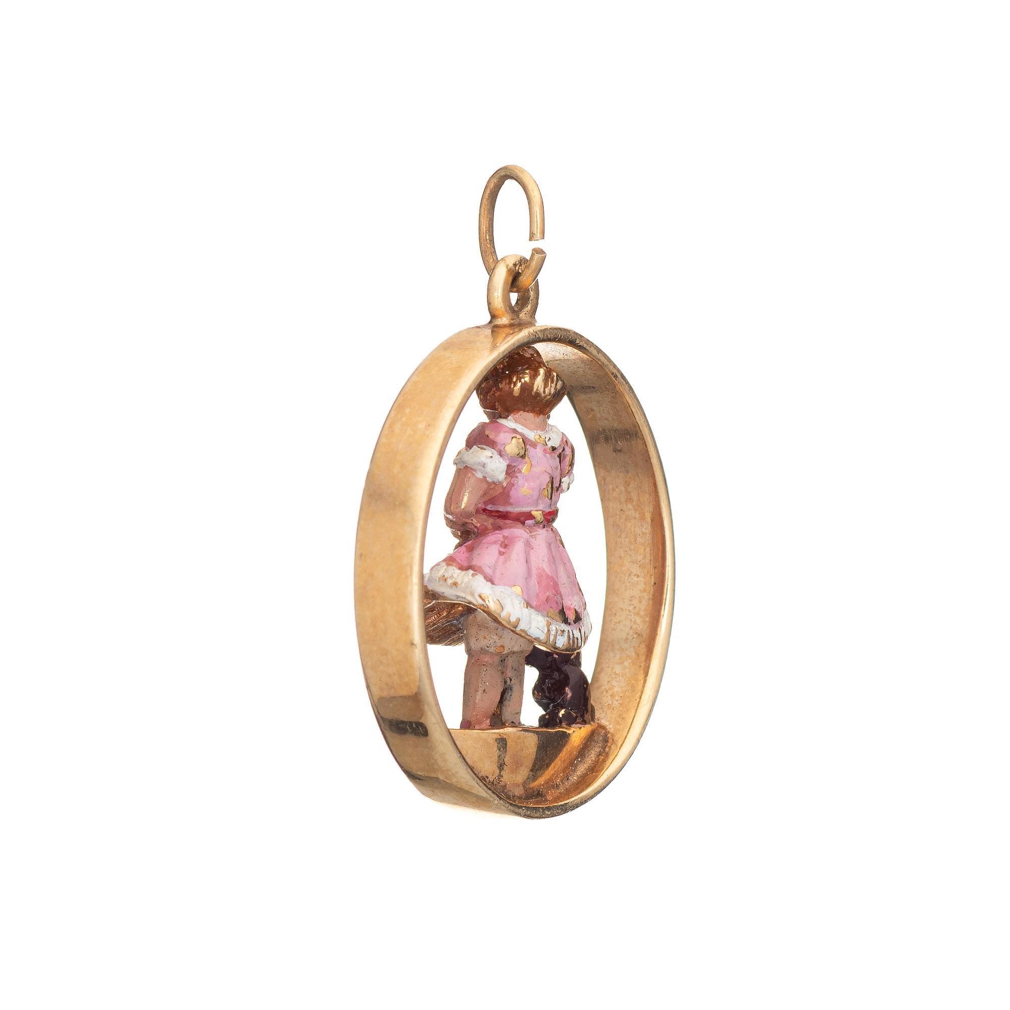 Retro Young Child with Dog Vintage Charm 14k Gold Enamel Pendant Estate Fine Jewelry