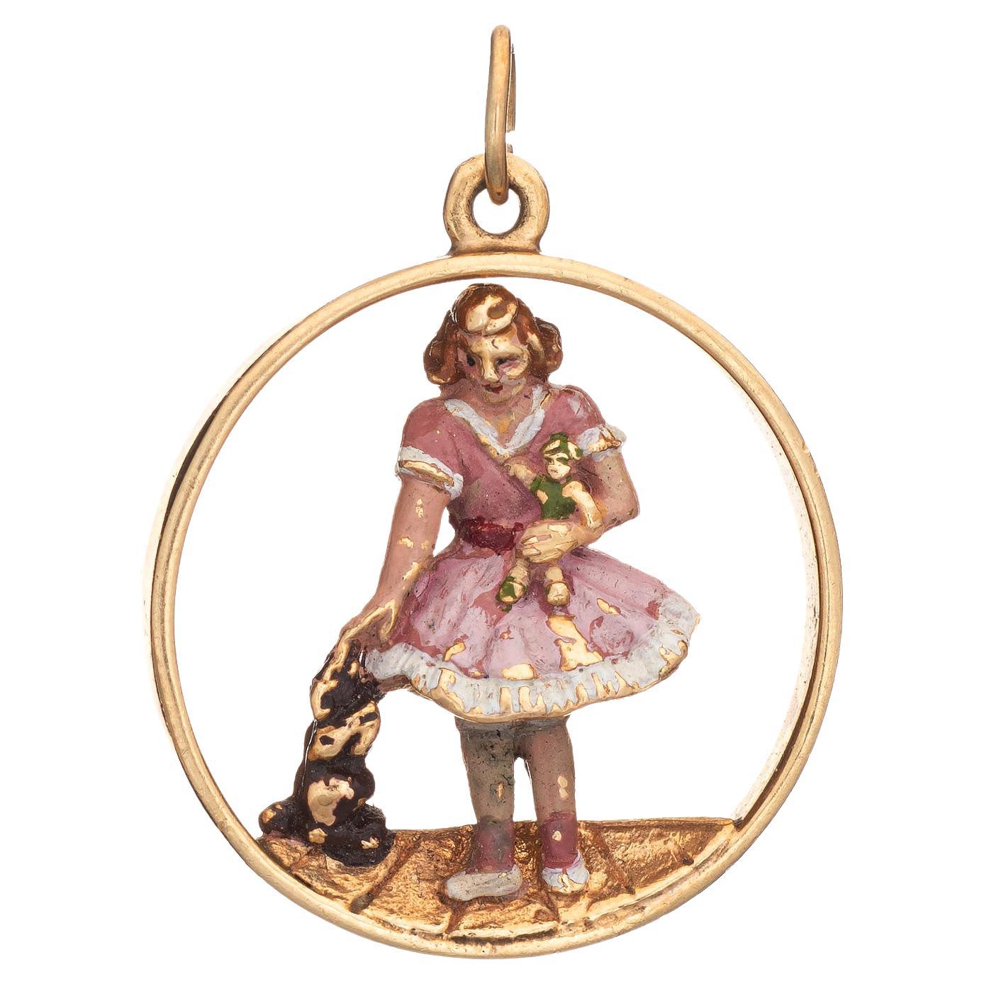 Young Child with Dog Vintage Charm 14k Gold Enamel Pendant Estate Fine Jewelry