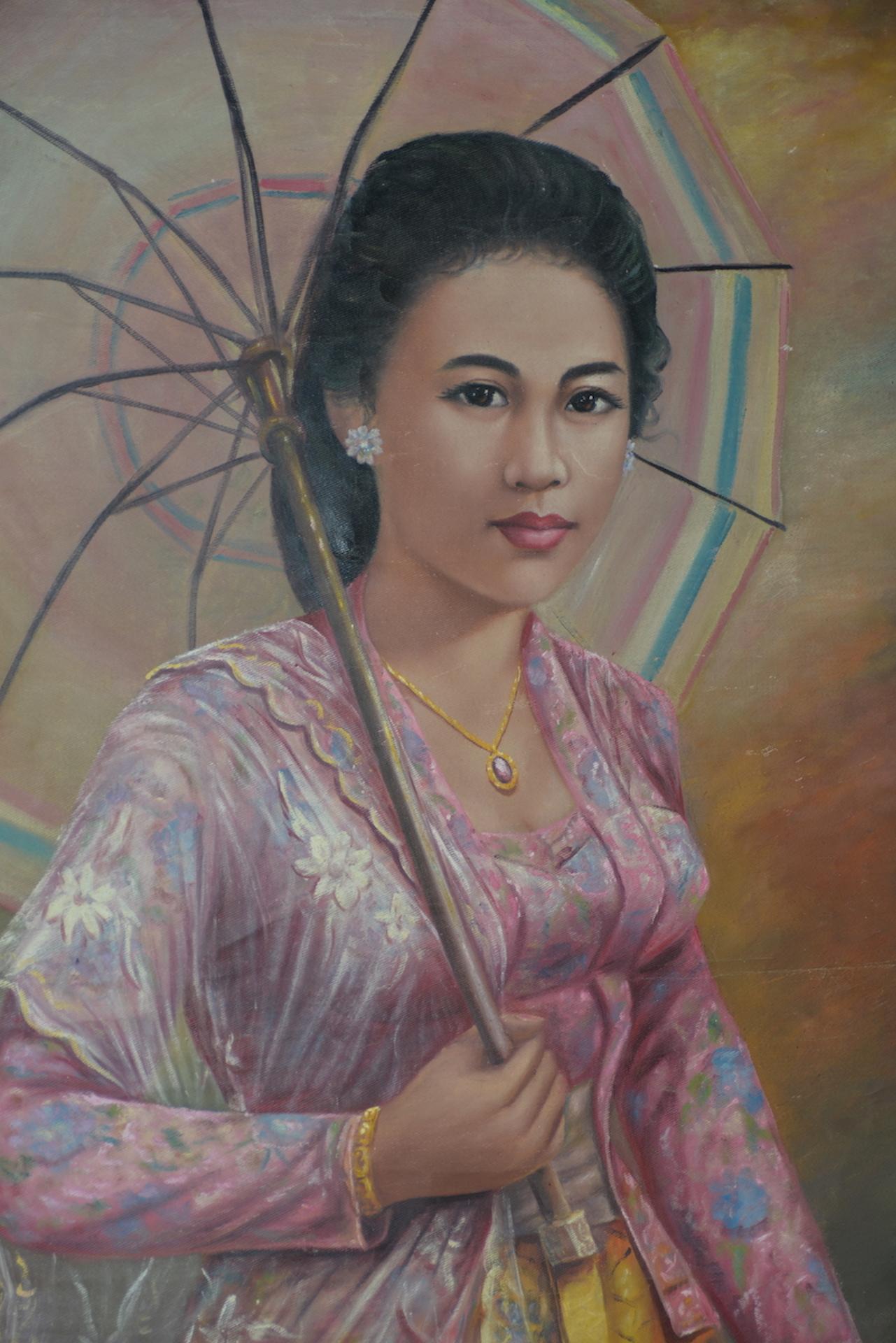 Chinese Export Young Elegant Asian Woman Oil on Canvas, circa 1940s For Sale