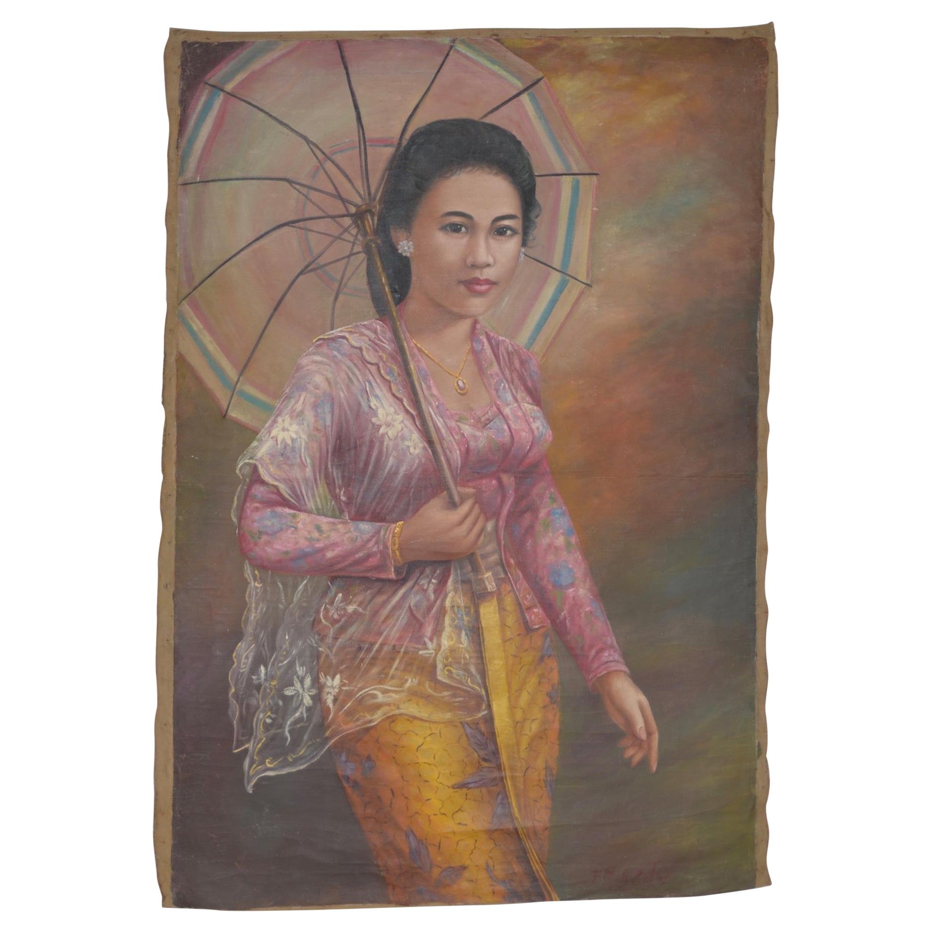 Young Elegant Asian Woman Oil on Canvas, circa 1940s For Sale