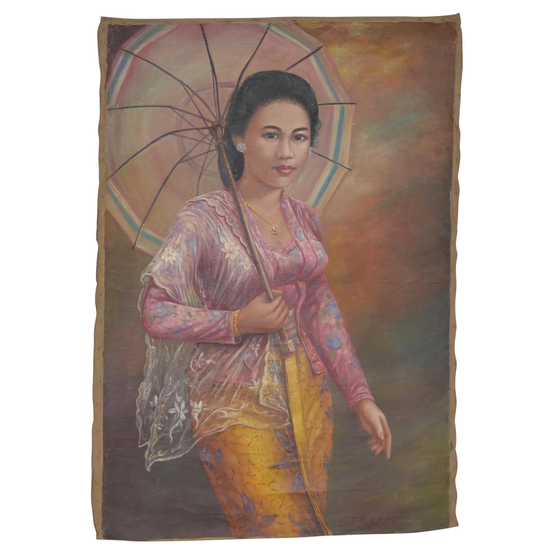 Joven mujer asiática elegante Óleo sobre lienzo, hacia la década de 1940 en venta