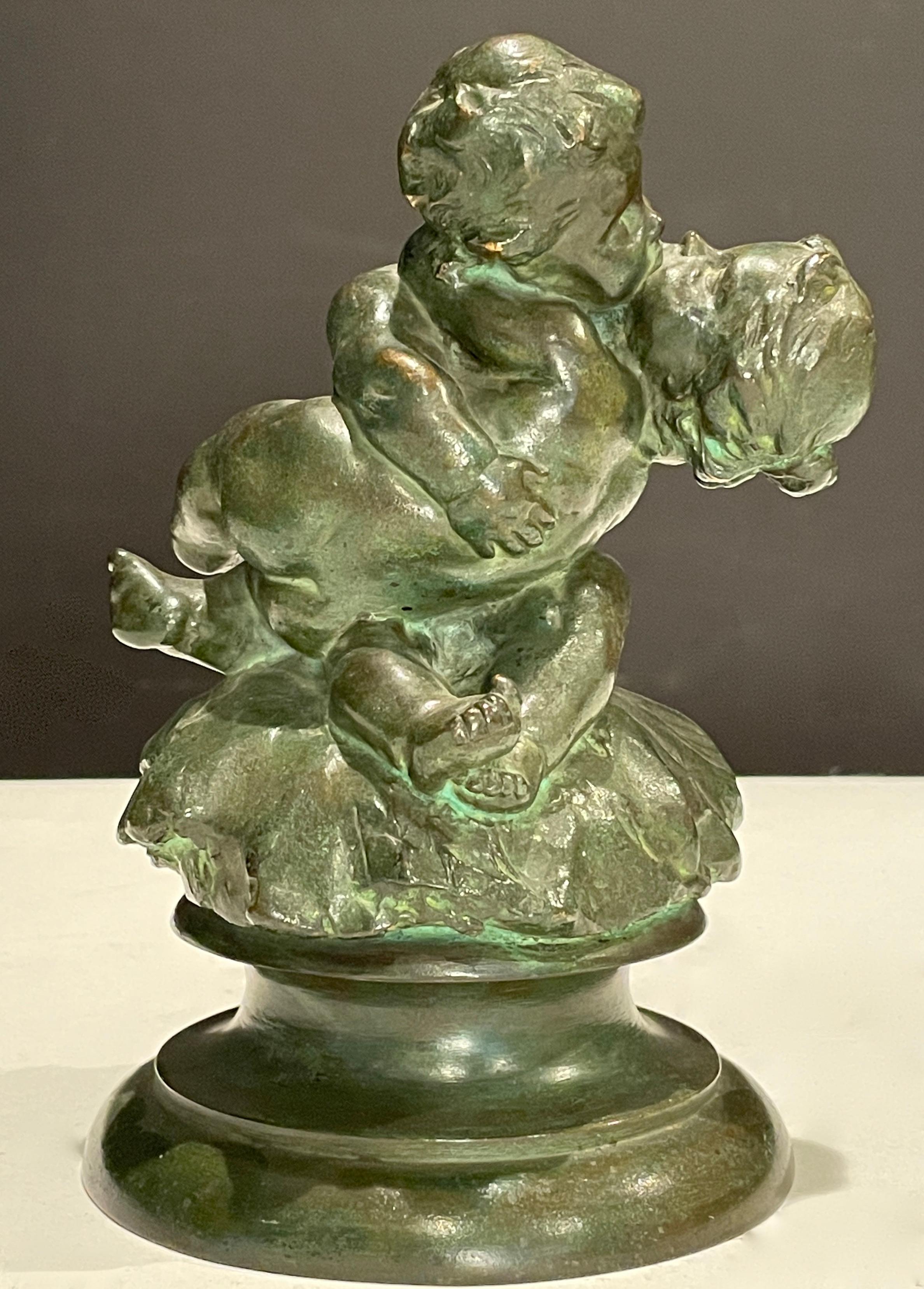Beautiful and sweet patinated bronze sculpture group of cherubs  embracing by German Sculptor Ludwig Dasio (1871 - 1932). Fine quality, green verdigris patina. Signed.