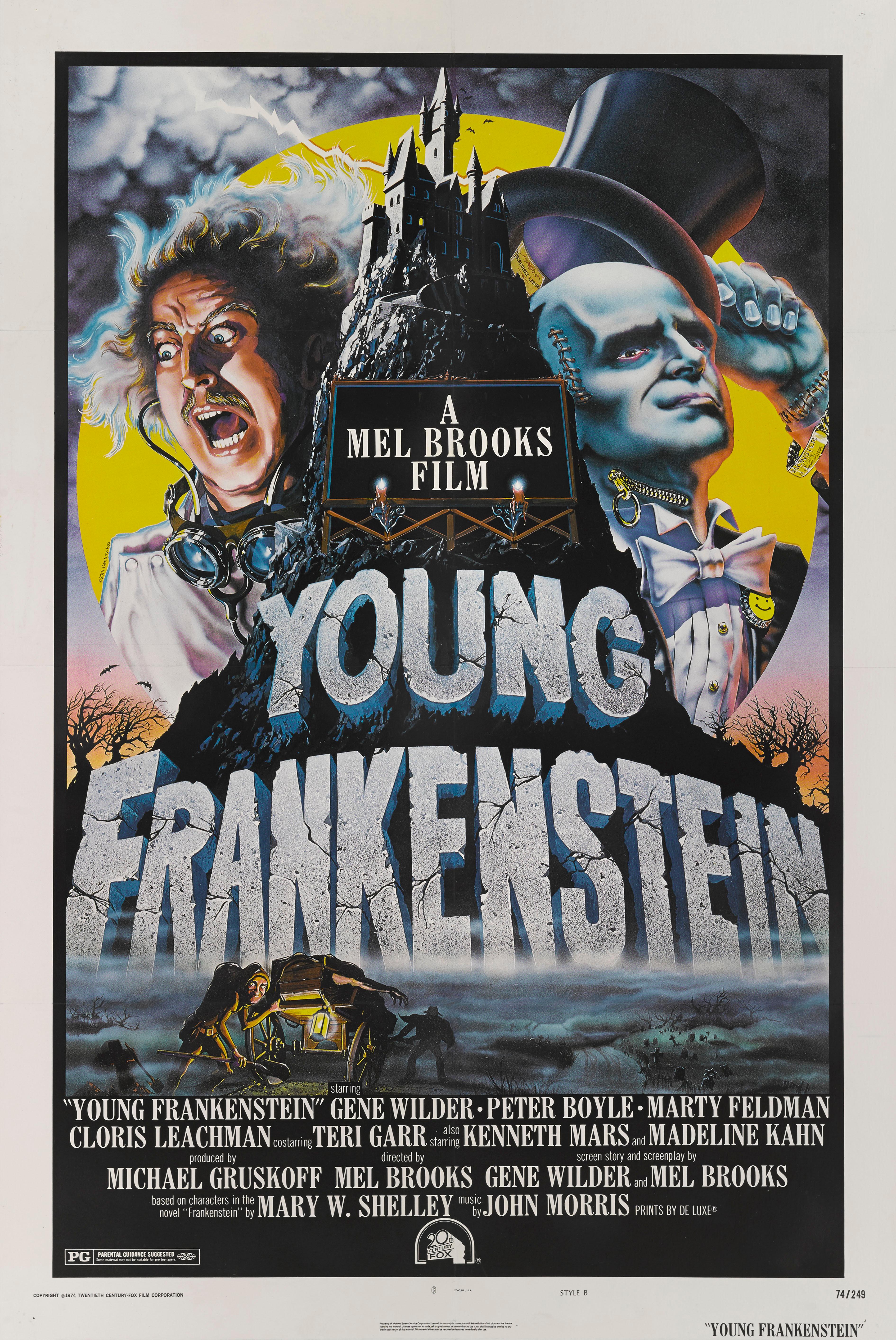 Original US film poster for Mel Brooks's classic 1974 comedy Young Frankenstein staring
Gene Wilder and Marty Feldman. The poster is in excellent condition, with the colours remaining very bright with only minor restoration to the folds. The poster