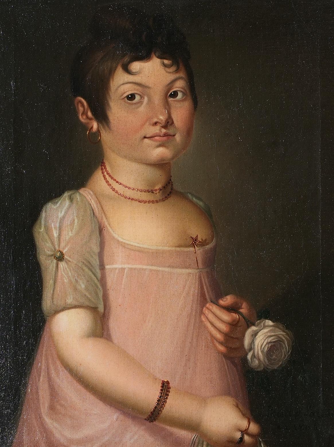 Neoclassicism saturates this droll portrait of a French girl c. 1800: the high-waisted dress, the antique hairstyle 