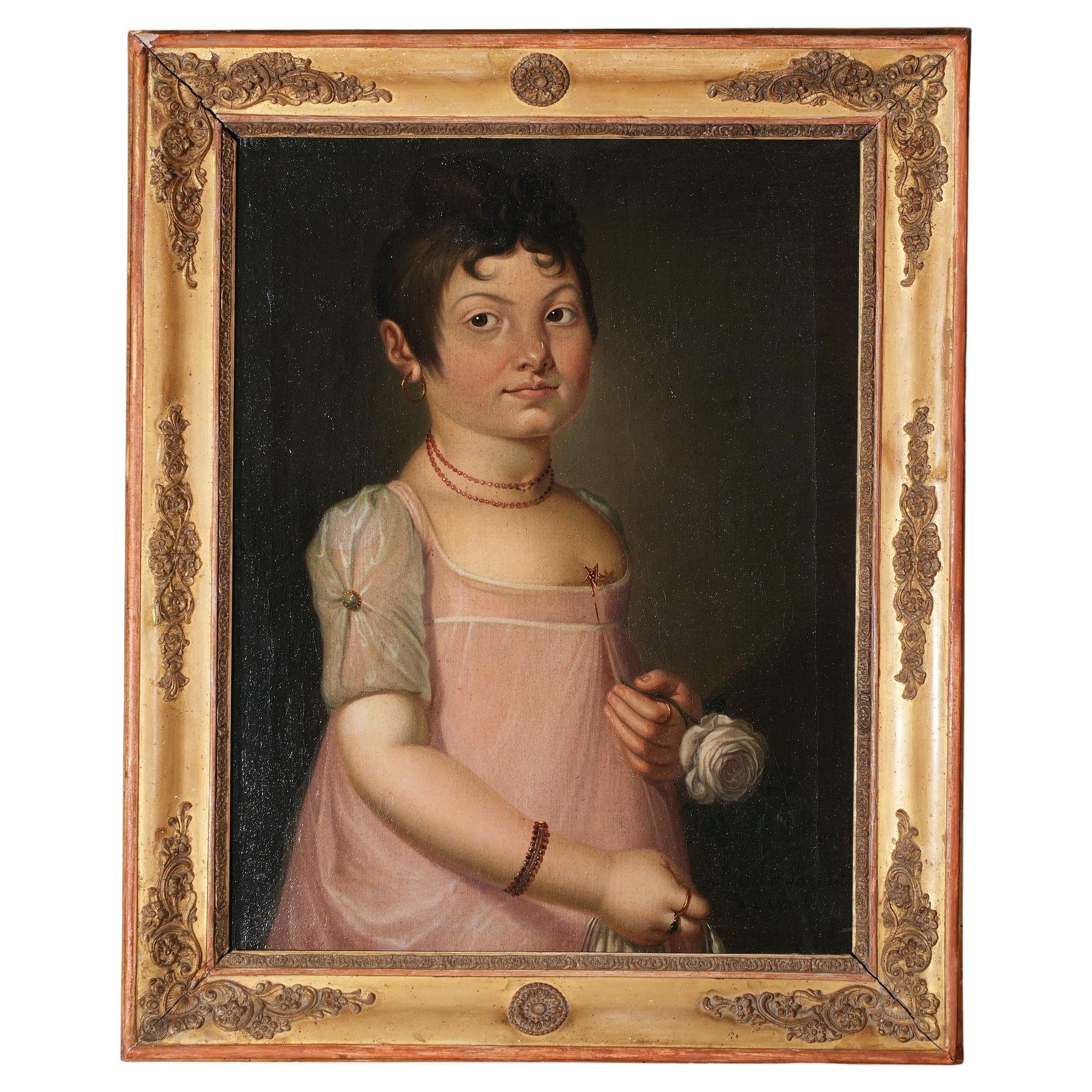 Jeune fille française portrait c. 1800 Huile sur toile en vente