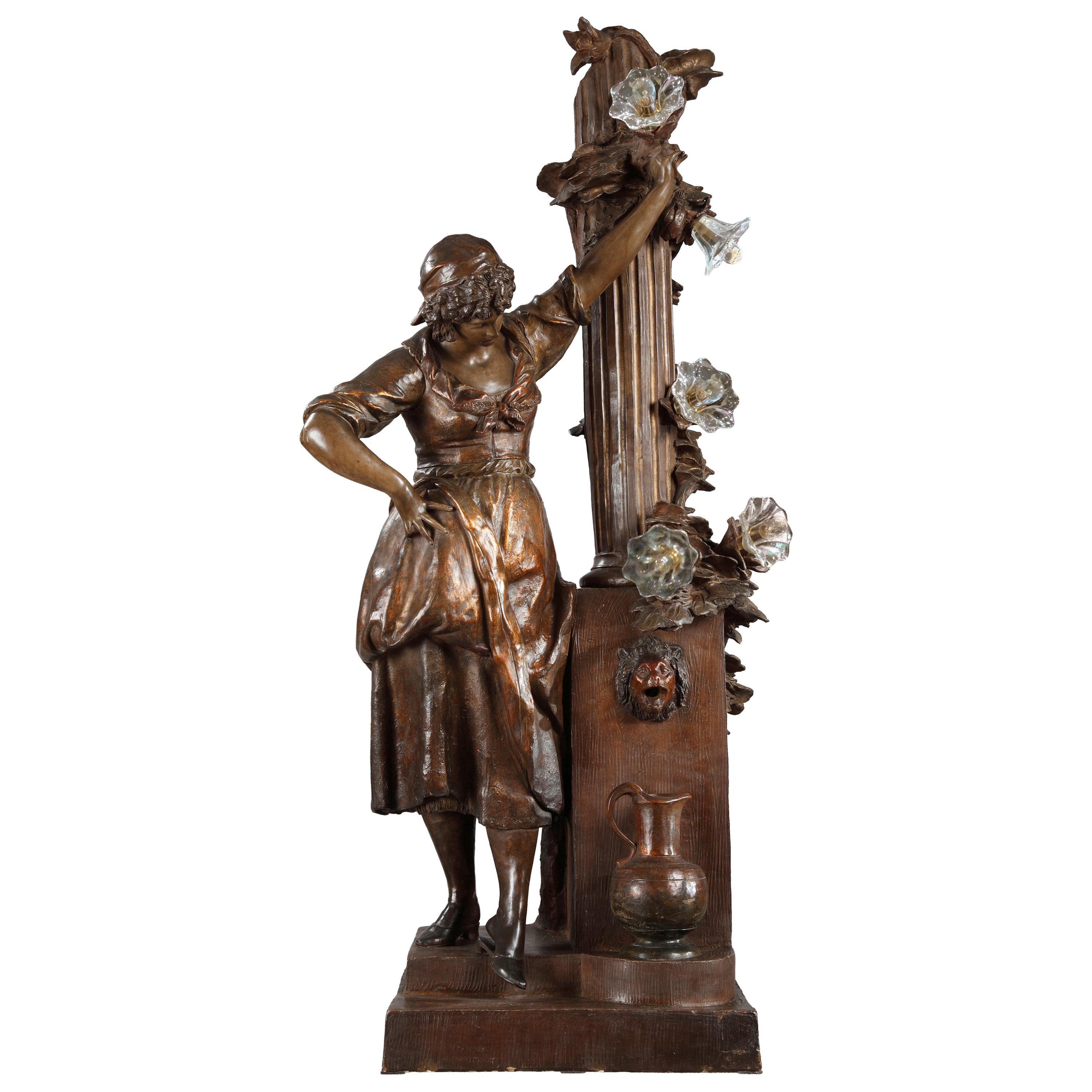 “Young Girl at the Fountain” Terracotta Lamp, France, Circa 1880