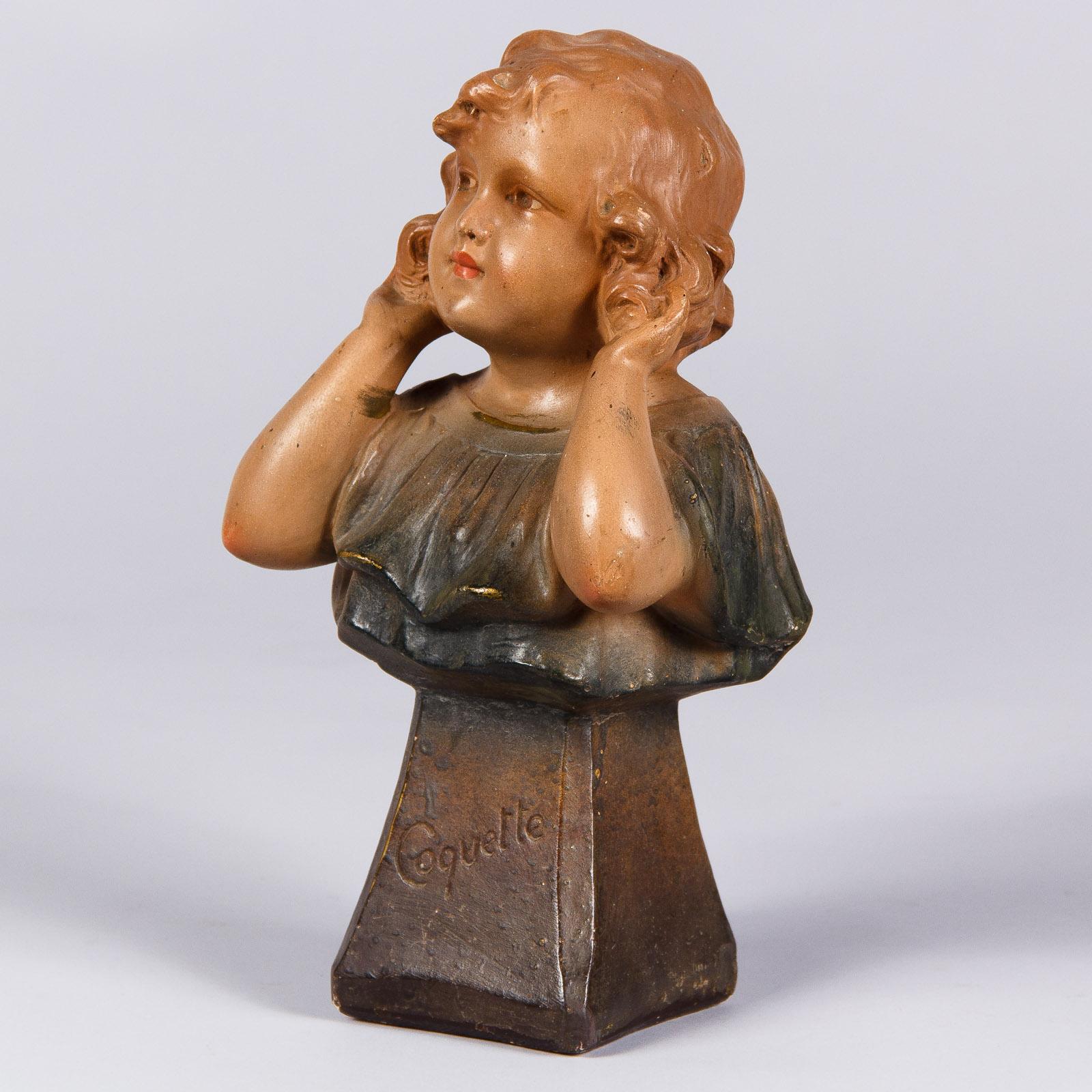 Hand-Painted Young Girl Bust Sculpture Signed C.F. Paris, France, 1920s