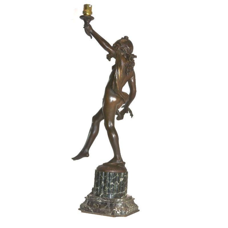 Bronze Young Girl Carrying Torch on Green Marble Base by Moreau 19th Century For Sale