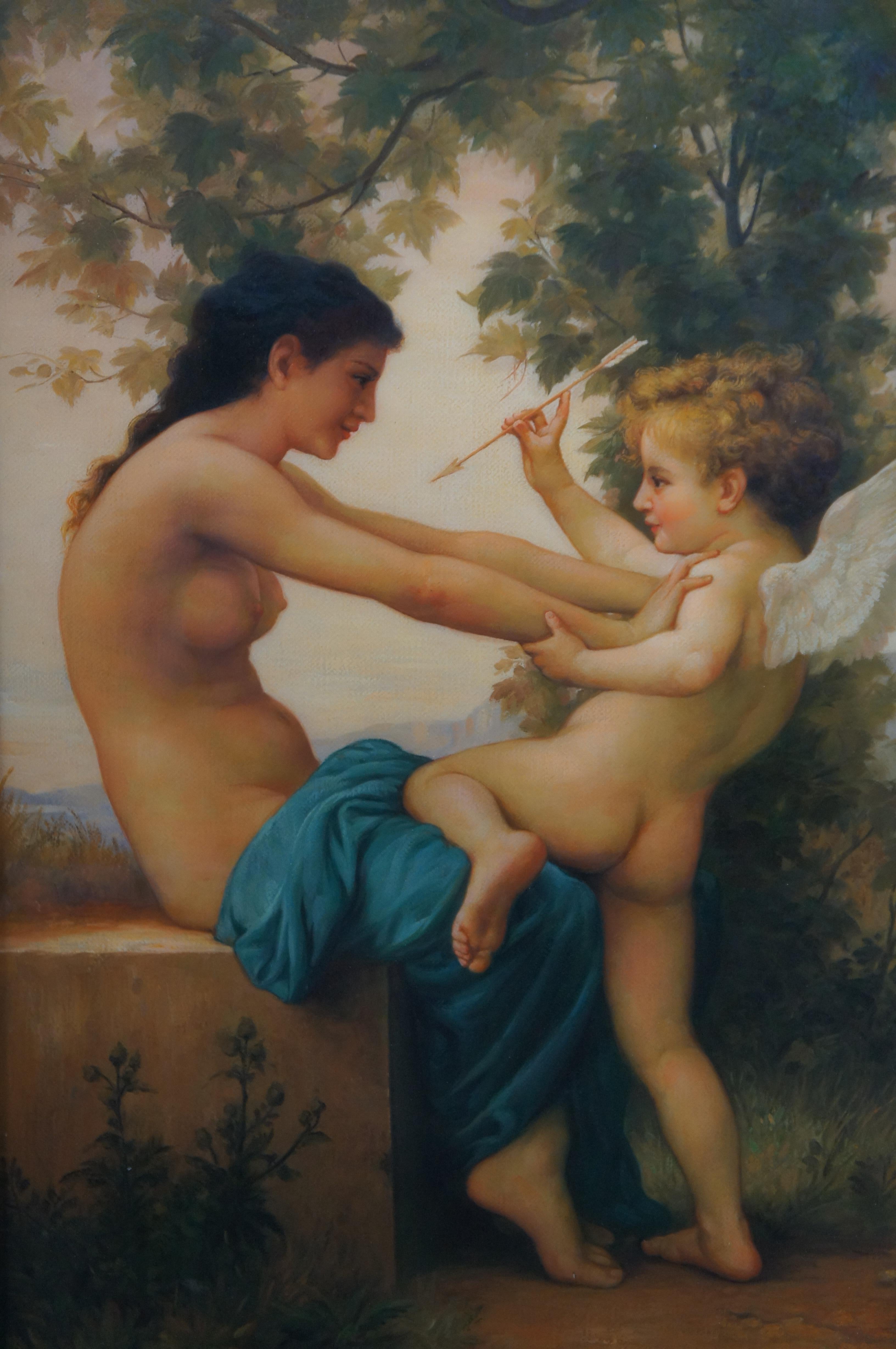 20th Century Young Girl Defending Herself Against Eros Painting After William Bouguereau 39