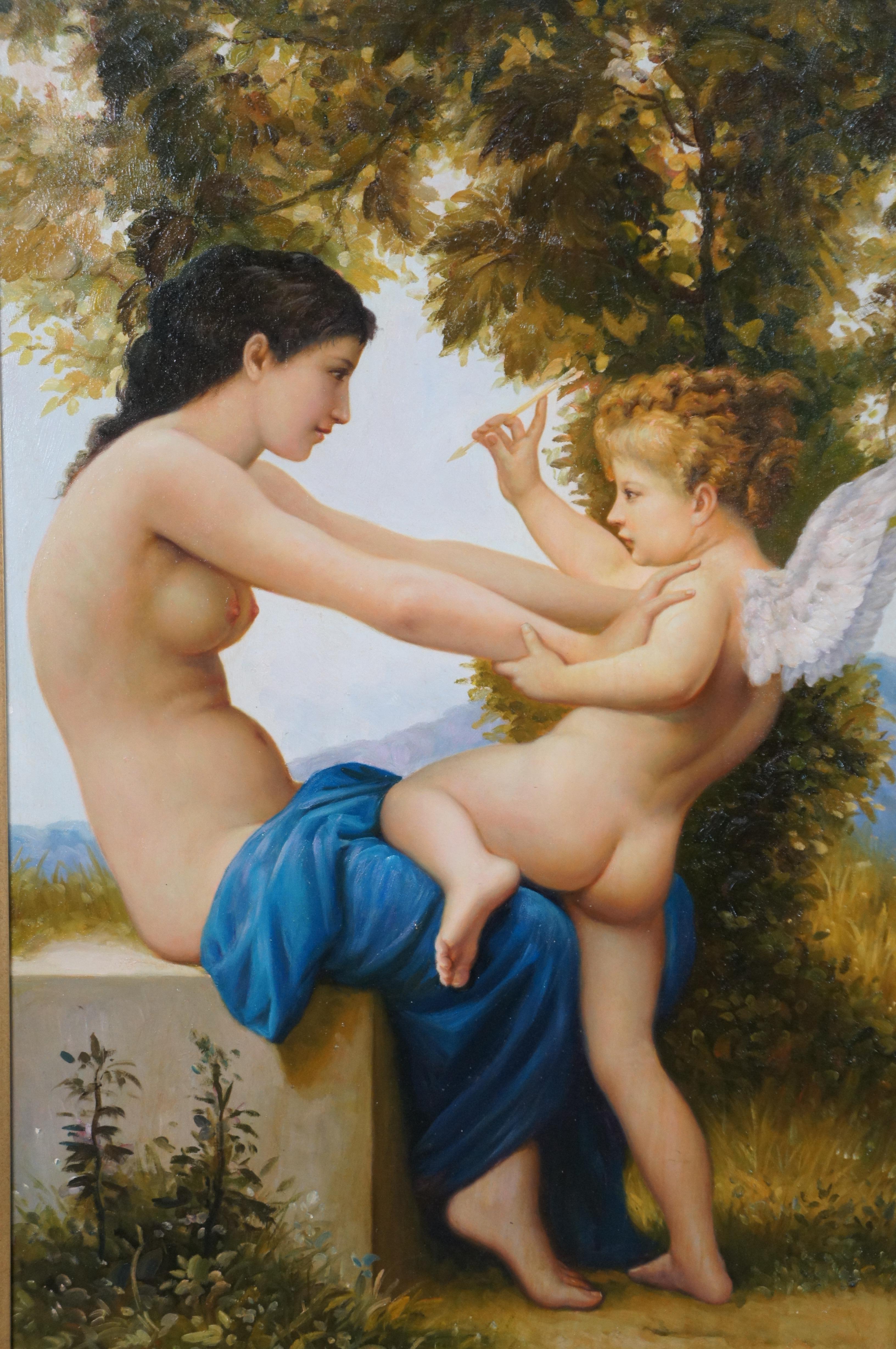 20th Century Young Girl Defending Herself Against Eros Painting After William Bouguereau 48