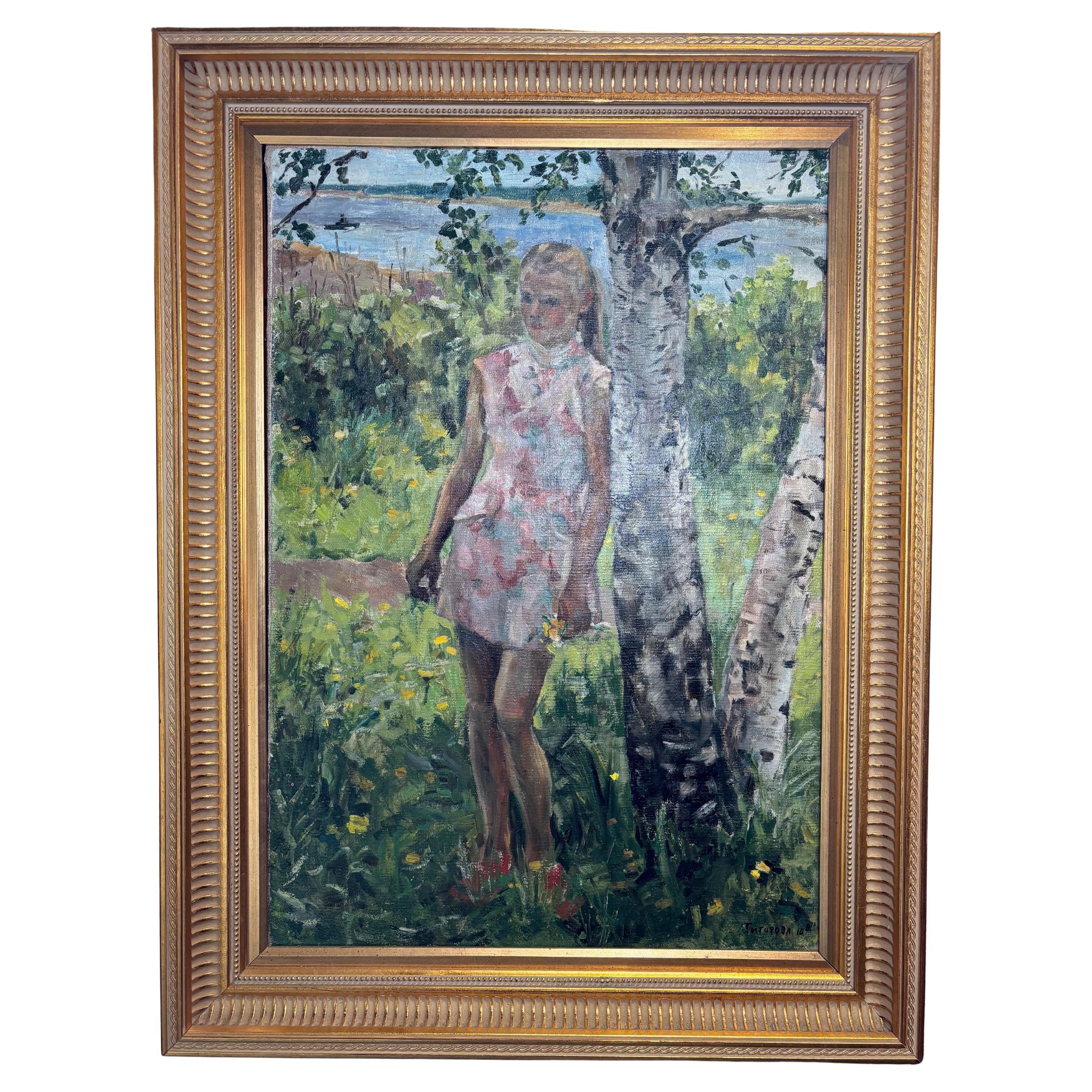 Junges Mädchen Öl auf Leinwand Gemälde im Angebot