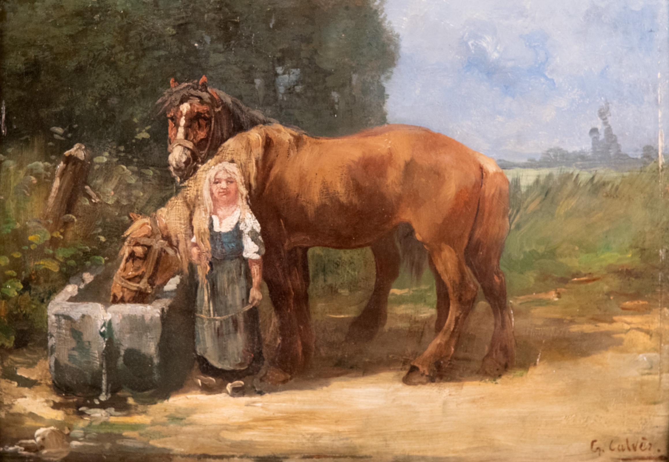 Young girl watering horses by Georges Calvés. Measures: 10 x 14 in. 

Oil on panel.