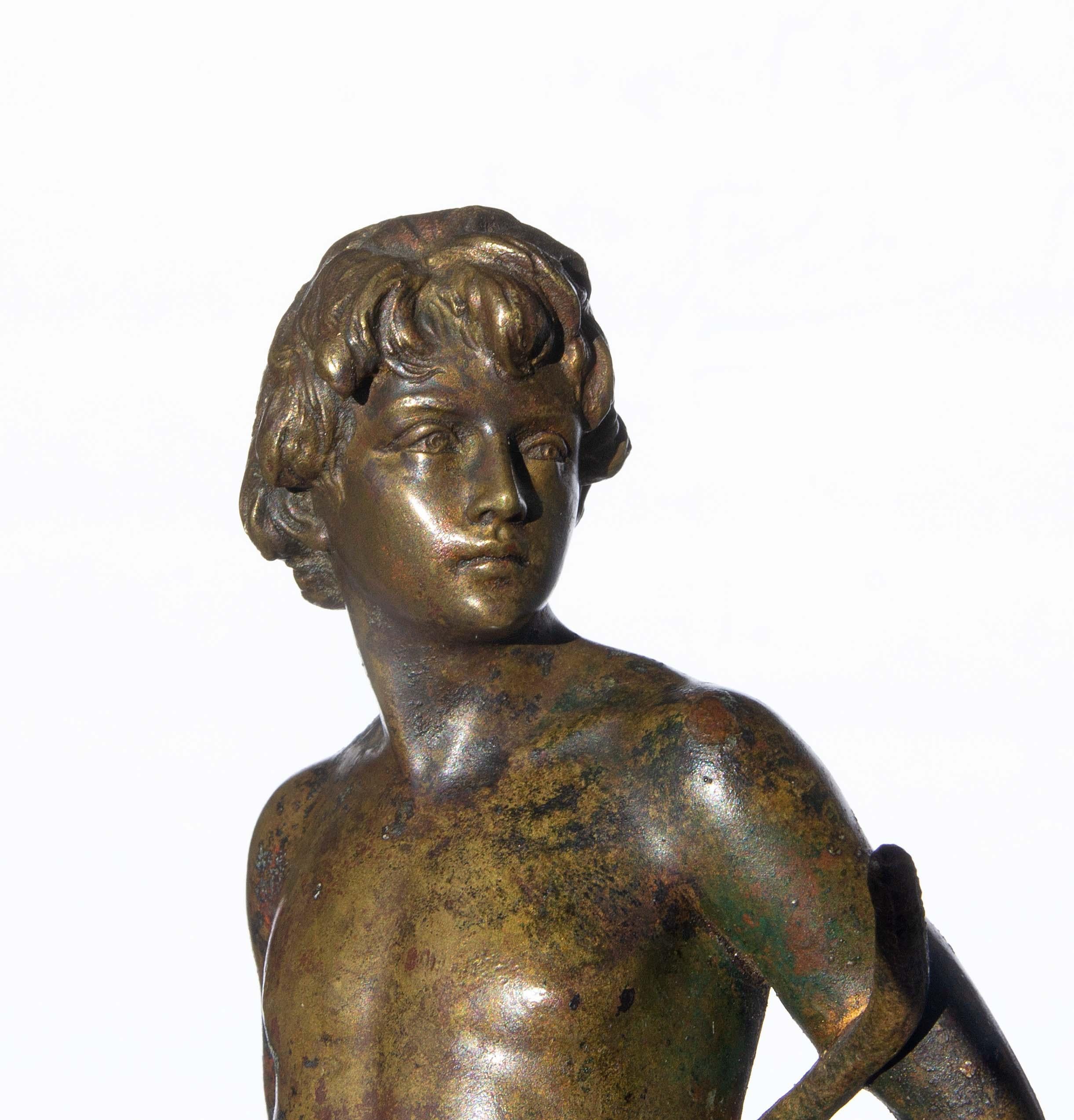 Bronze statue of young goatherder by Oscar Gladenbeck. circa 1900. Signed 