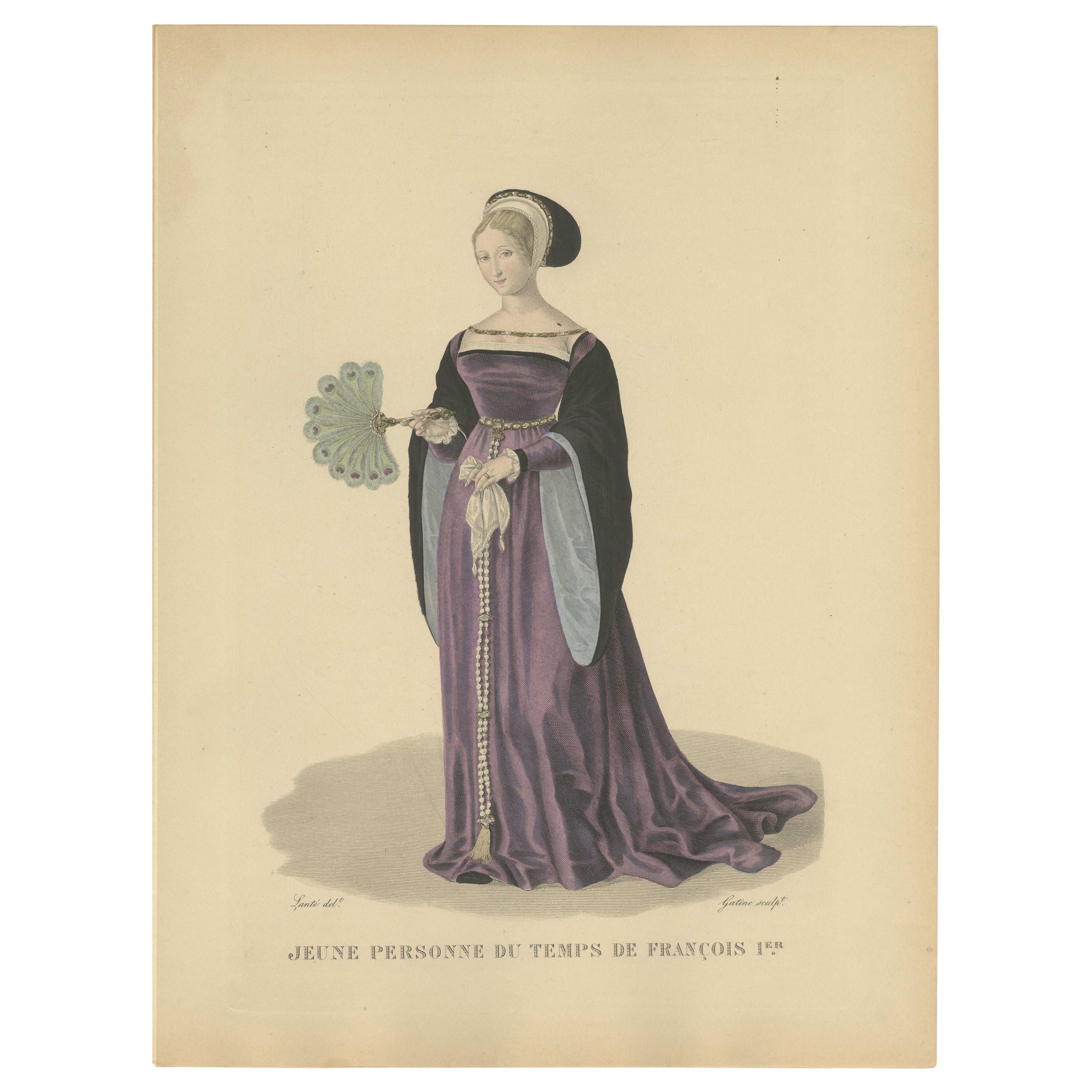Junge Dame aus der Zeit von Franz I. - Handkolorierter Kupferstich, ca. 1900