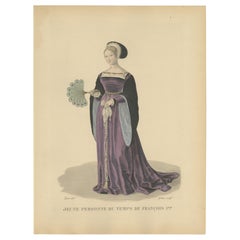 Jeune femme du temps de François Ier - Gravure coloriée à la main, vers 1900