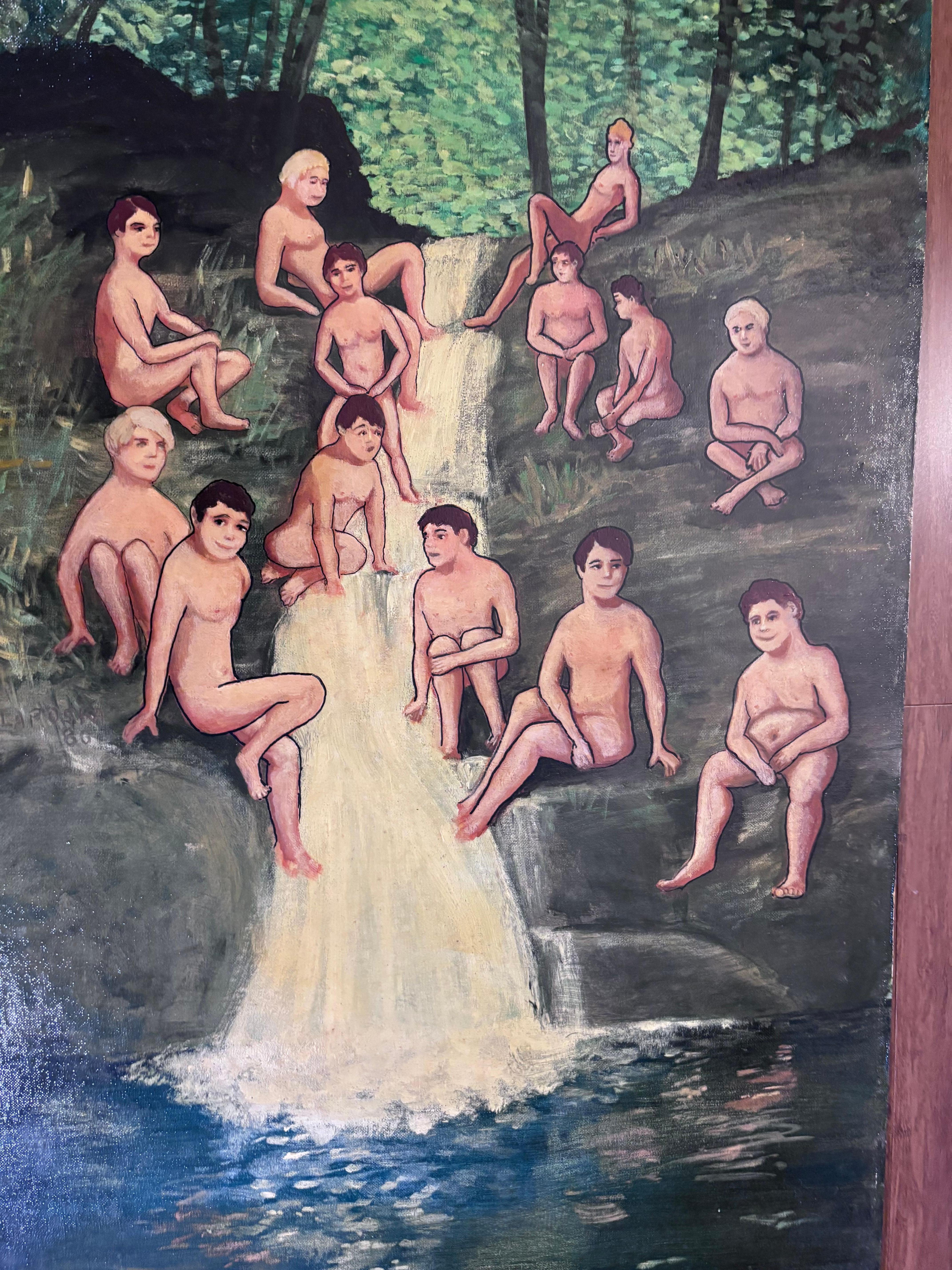 Jóvenes desnudos masculinos en una cascada de agua Pintura Outsider Folk Artista Gloria Laposka Arte popular en venta