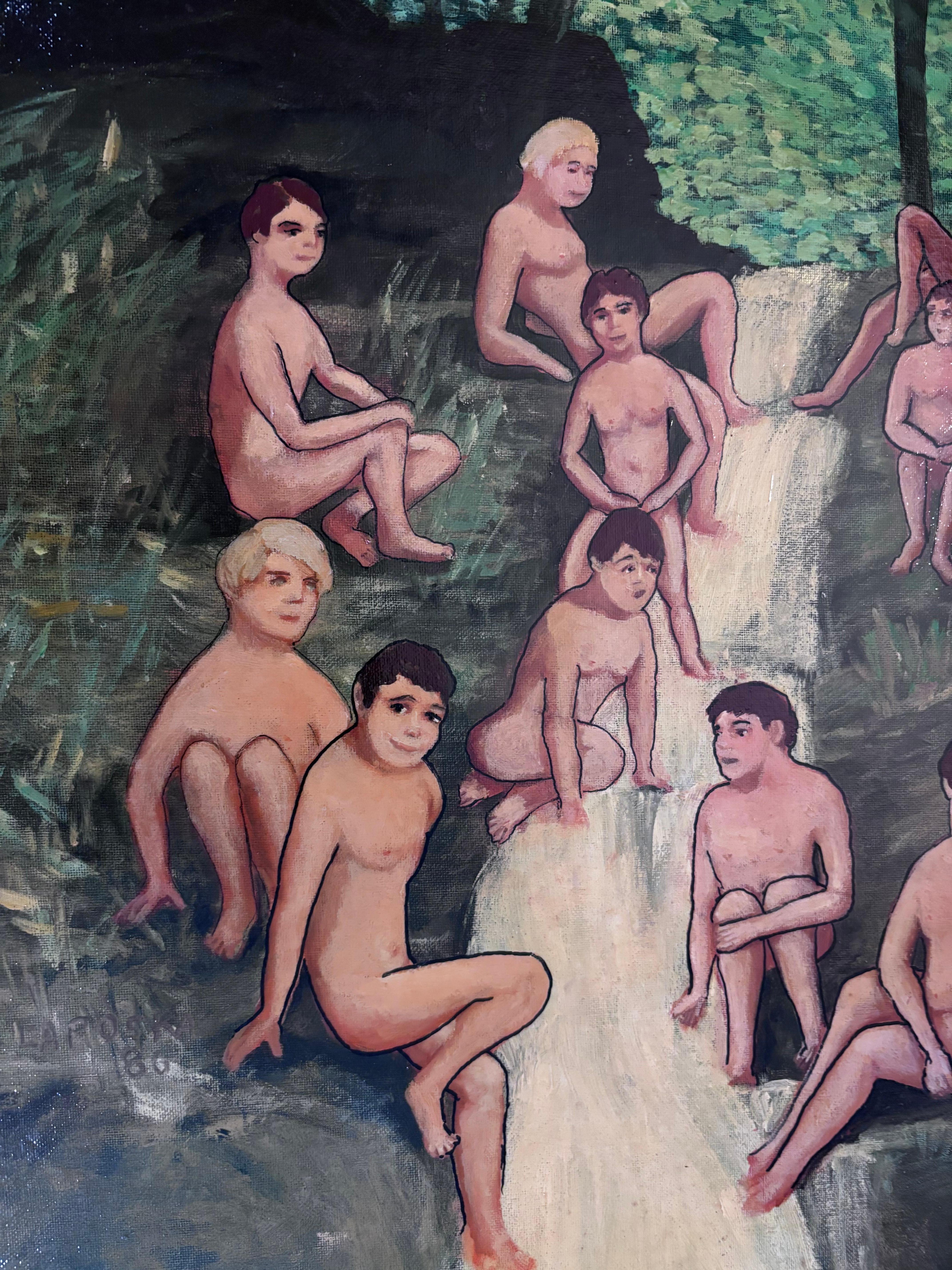 Jóvenes desnudos masculinos en una cascada de agua Pintura Outsider Folk Artista Gloria Laposka Estadounidense en venta