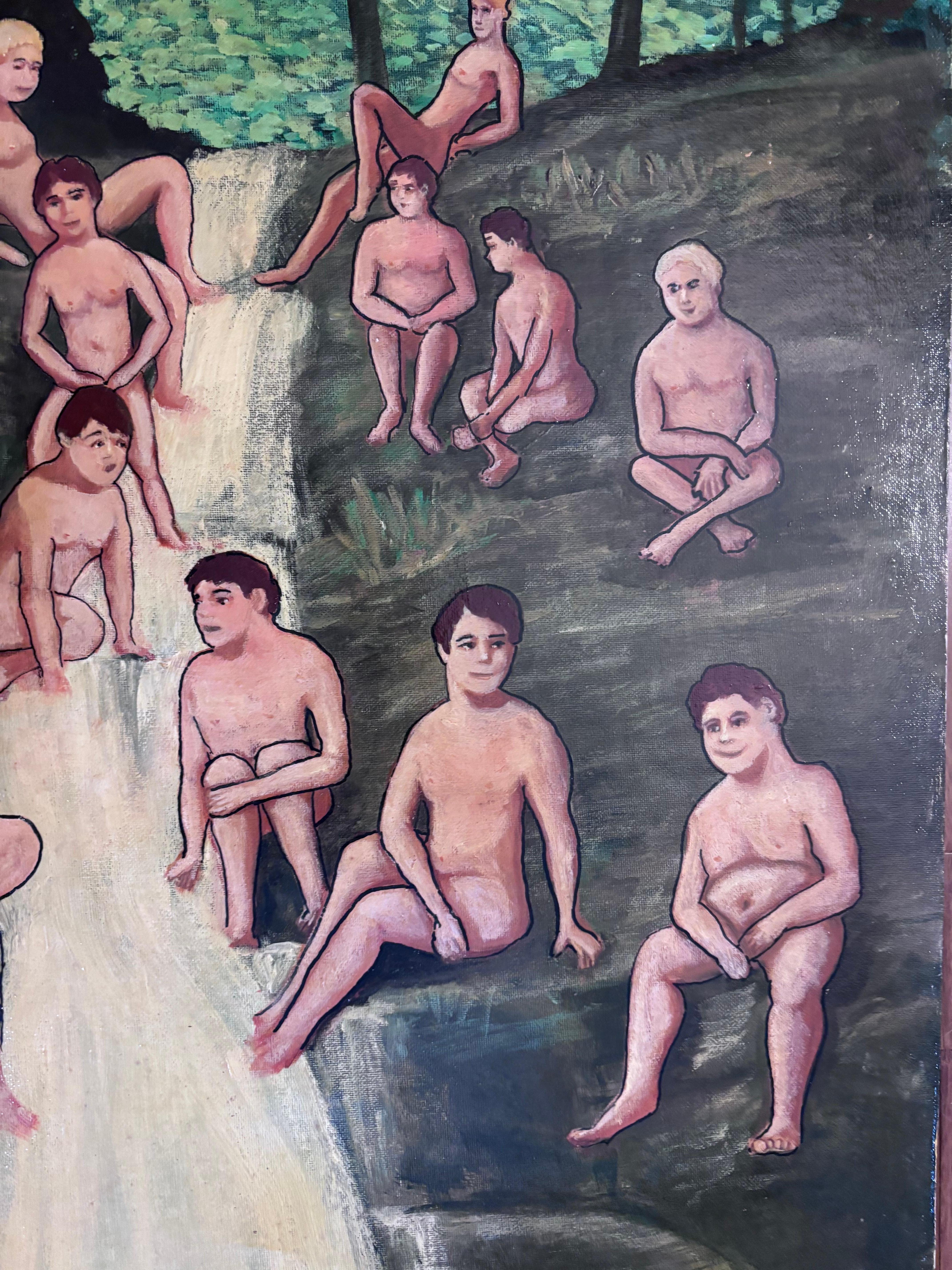 Jóvenes desnudos masculinos en una cascada de agua Pintura Outsider Folk Artista Gloria Laposka Pintado a mano en venta