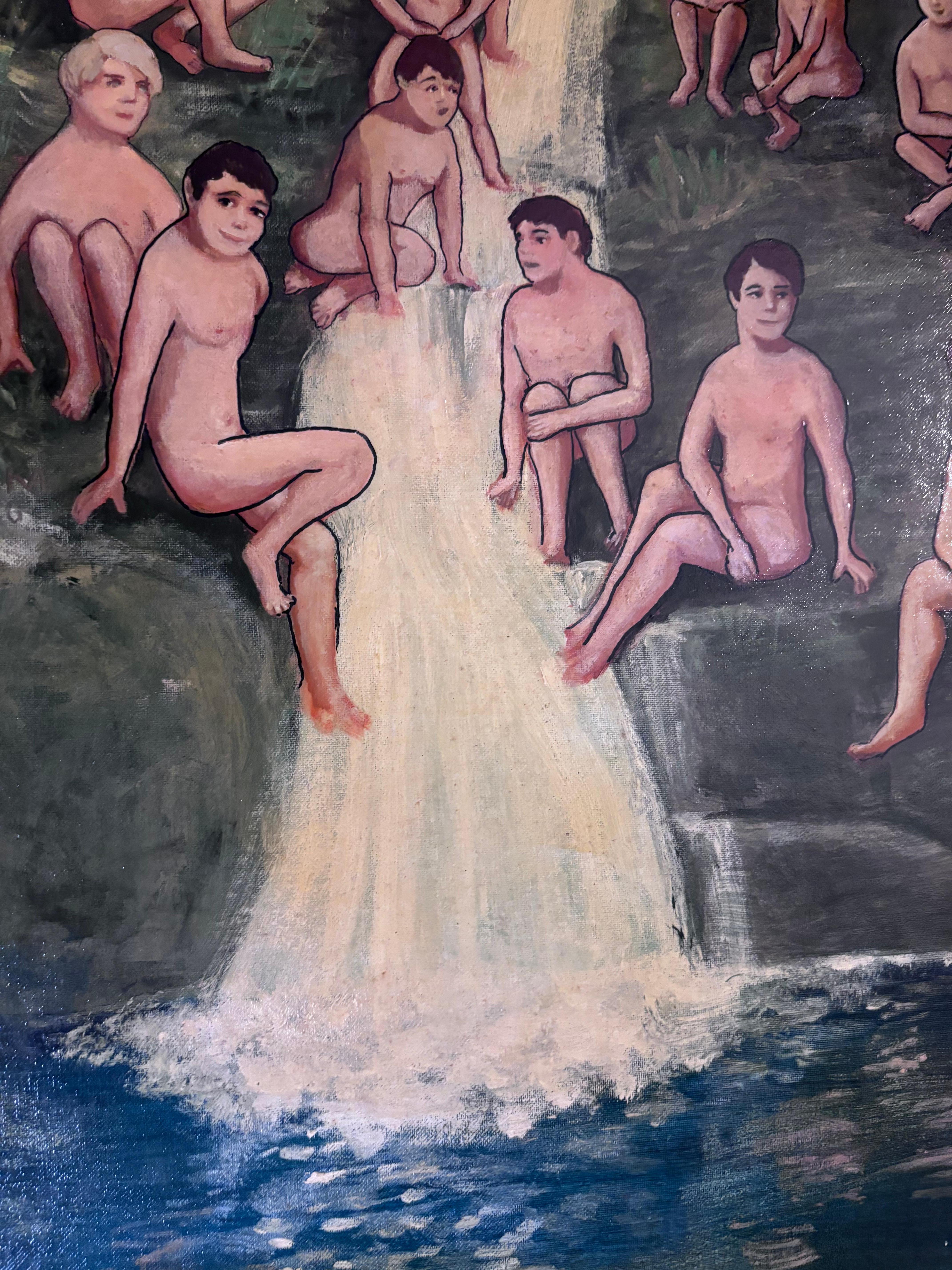 Jóvenes desnudos masculinos en una cascada de agua Pintura Outsider Folk Artista Gloria Laposka en Bueno estado para la venta en South Burlington, VT