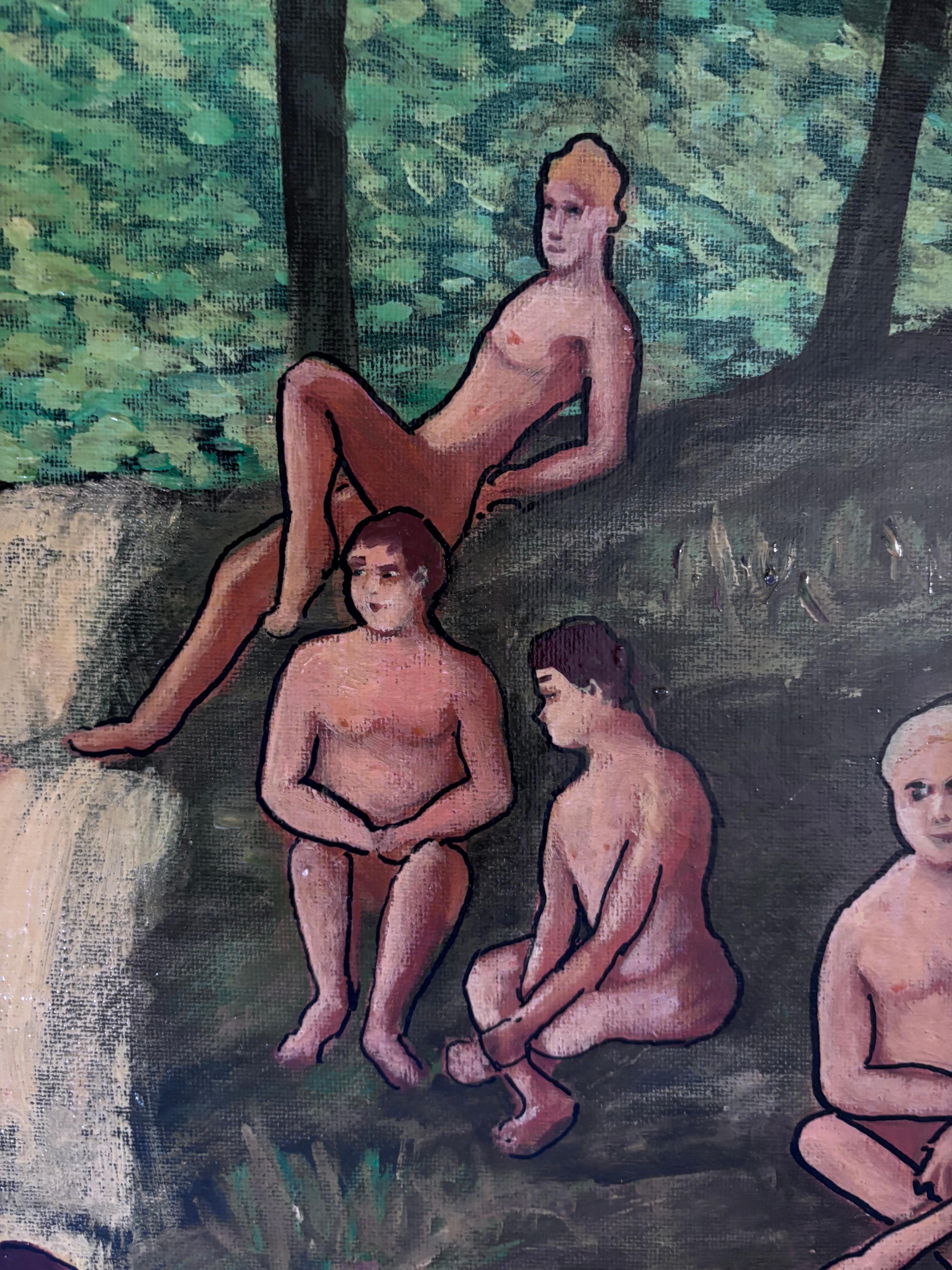 Jóvenes desnudos masculinos en una cascada de agua Pintura Outsider Folk Artista Gloria Laposka siglo XX en venta