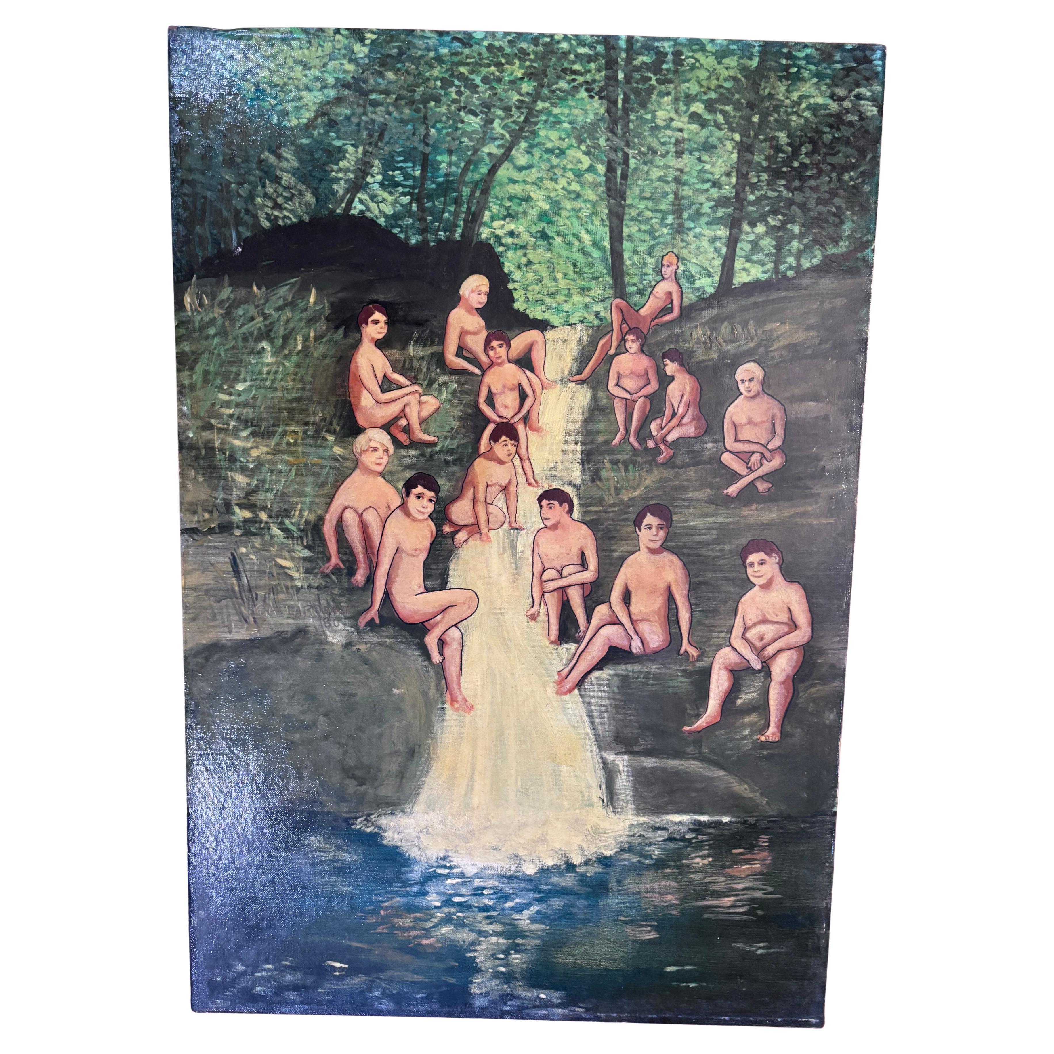 Jeunes hommes nus à l'eau Fall Painting Outsider Folk Artist Gloria Laposka
