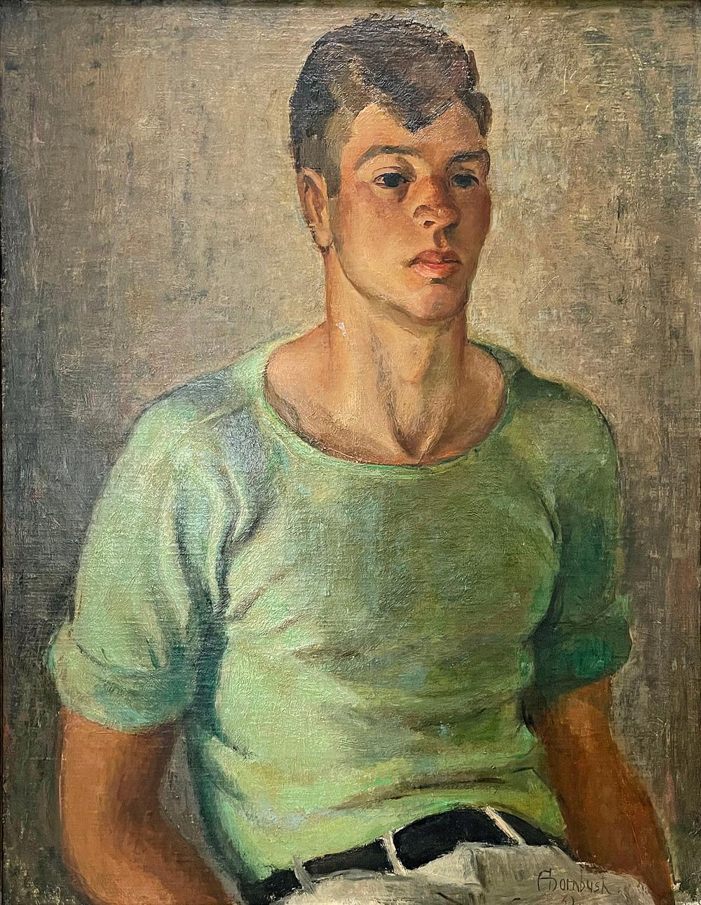 Enormously important both artistically and historically, this stunning Social Realist portrait of a young man in a green shirt was painted by Adrian Dornbush, the director of the Stone City art colony in Iowa, founded in 1932 by Dornbush along with