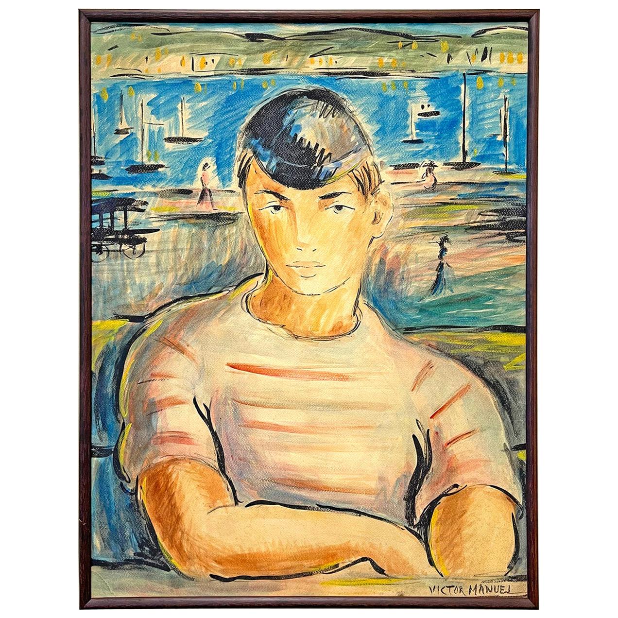 "Young Man in Striped Shirt, " Portrait with Harbor Scene by Cuban Artist For Sale