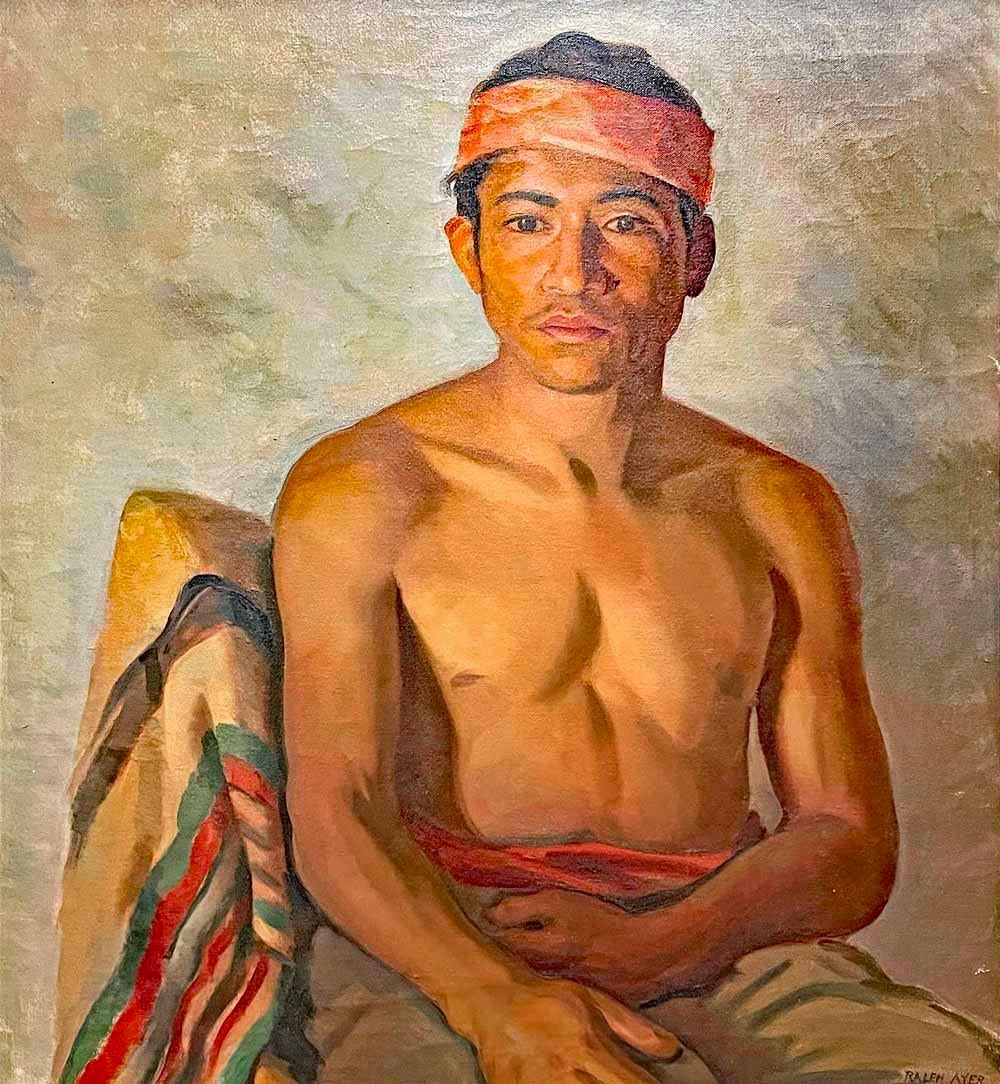 Beautifully painted in glowing, deep ruddy and brown tones, this sensitive portrait of a young man in Taxco was painted by Ralph Dwight Ayer in the 1930s, during a visit to Mexico's most renowned region for silver mining and artisanry.  The youth is