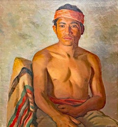 "Young Man in Taxco", Portrait of Shirtless Mexican Youth, 1930s oil on canvas