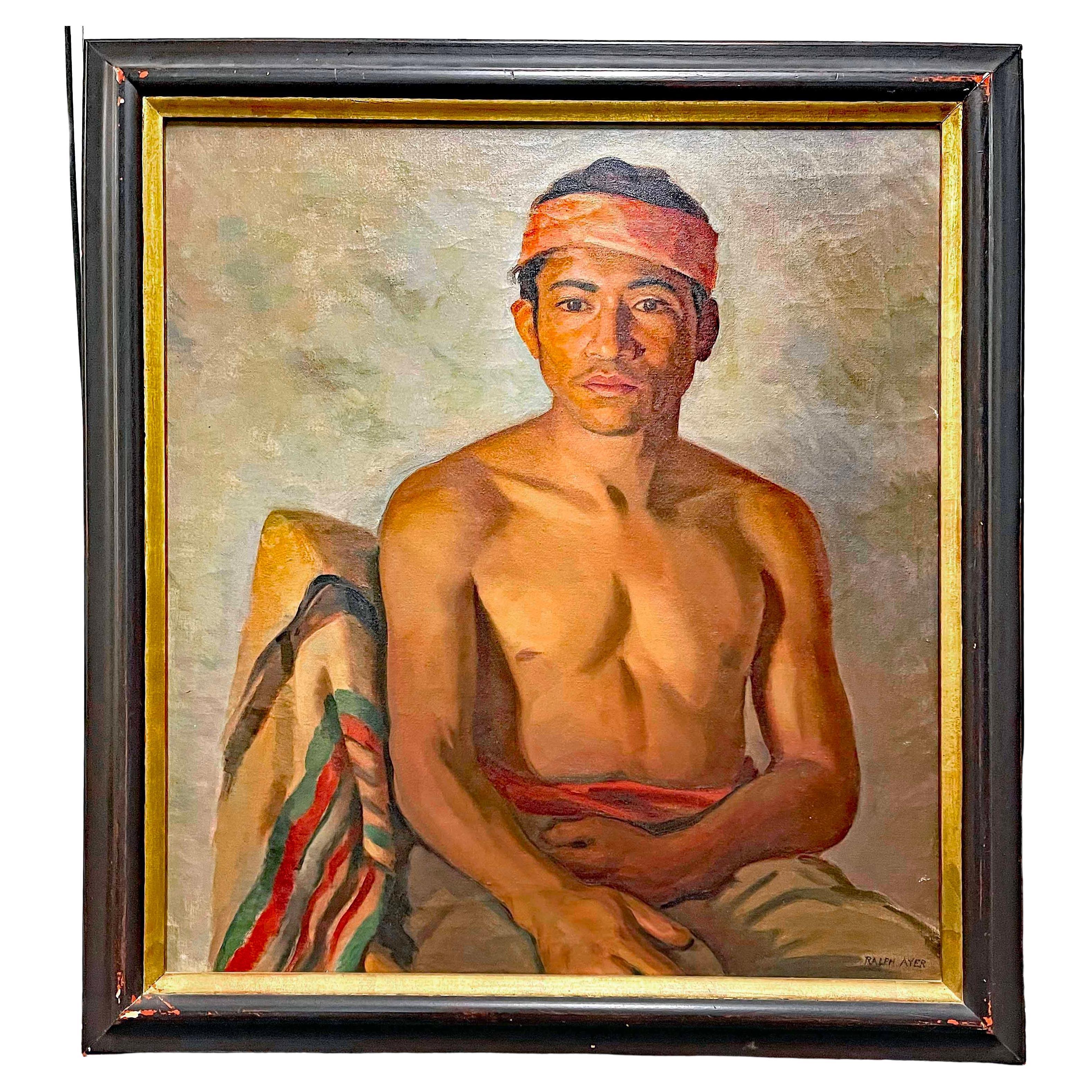 "Young Man in Taxco", Portrait of Shirtless Mexican Youth, 1930s oil on canvas For Sale