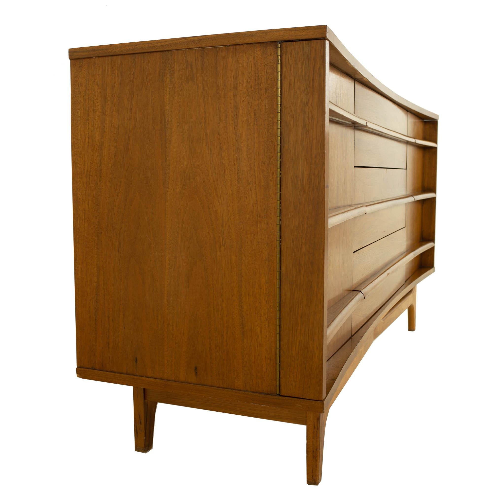 American Young Manufacturing Mid Century Curved Front Walnut Sideboard Credenza