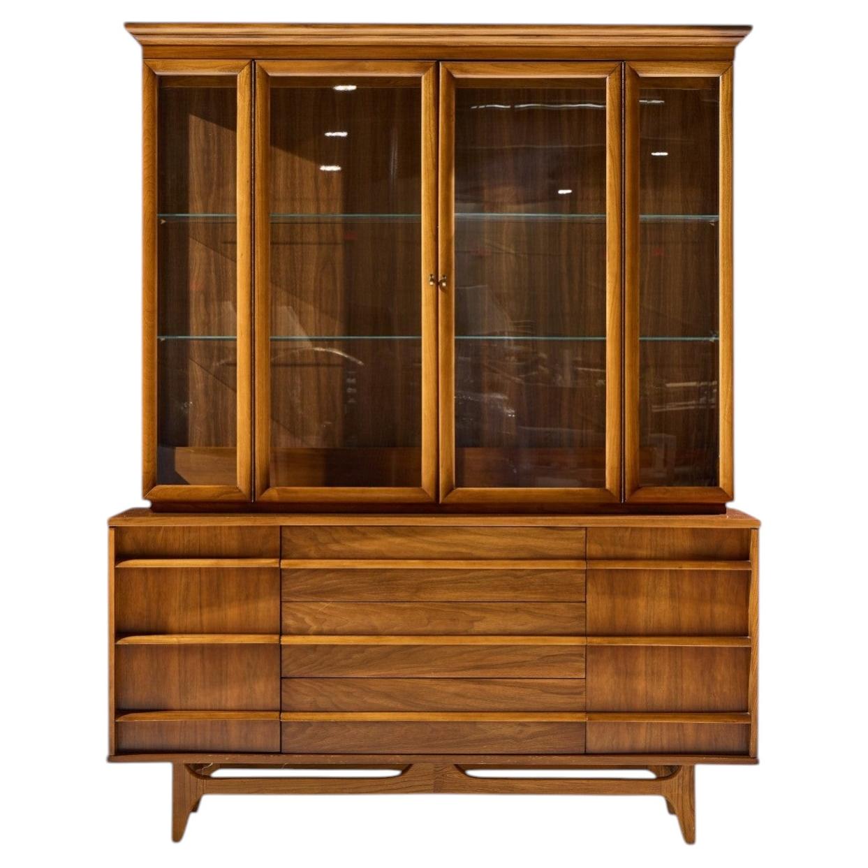 Young Manufacturing Mid Century Curved Walnut Credenza and Hutch
