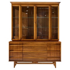 Young Manufacturing Mid Century Curved Walnut Credenza and Hutch