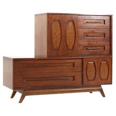 SOLD 03/04/24Young Manufacturing MCM Walnut and Burlwood 2 Piece Highboy Dresser