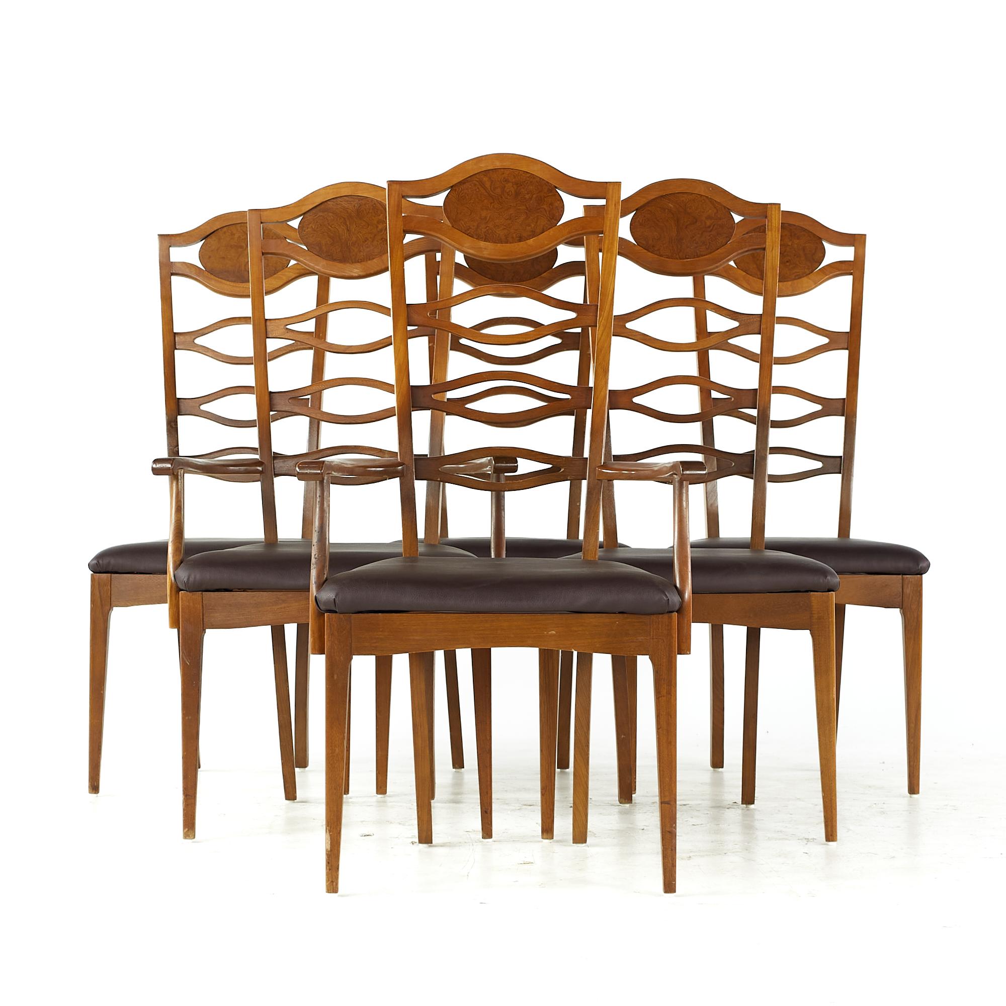 Young Manufacturing midcentury walnut and burlwood dining chairs - set of 6

Each armless chair measures: 21 wide x 21 deep x 46.25 high, with a seat height of 19.5 inches
Each captains chair measures: 24.5 wide x 22 deep x 46.25 high, with a