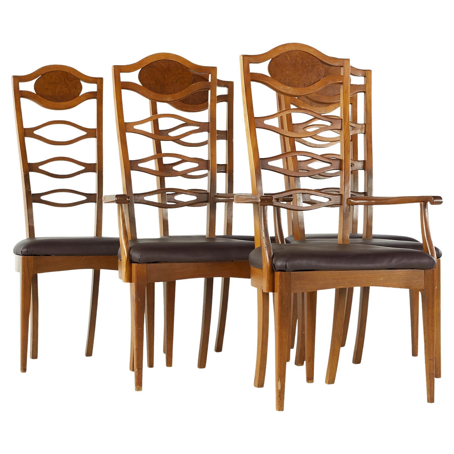 Young Manufacturing Midcentury Walnut and Burlwood Dining Chairs, Set of 6