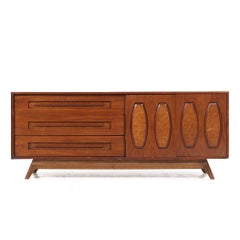 Young Manufacturing Mid Century Walnut and Burlwood Lowboy Dresser