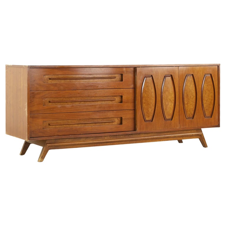 Young Manufacturing Mid Century Walnut and Burlwood Lowboy Dresser For