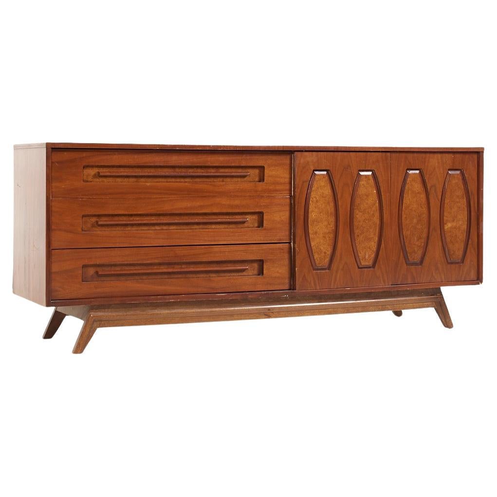 Young Manufacturing Mid Century Walnut and Burlwood Lowboy Dresser For Sale